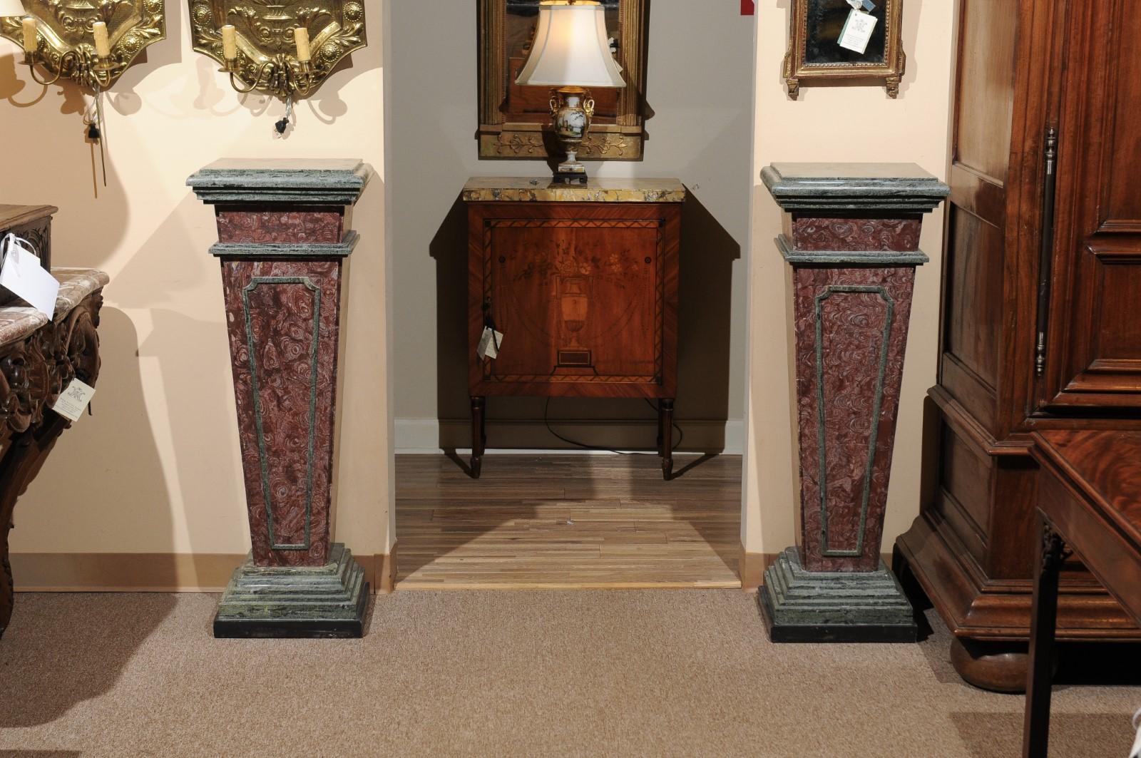 Pair of Neoclassical Style Red & Green Marble Pedestals, 19th Century, Italy 9
