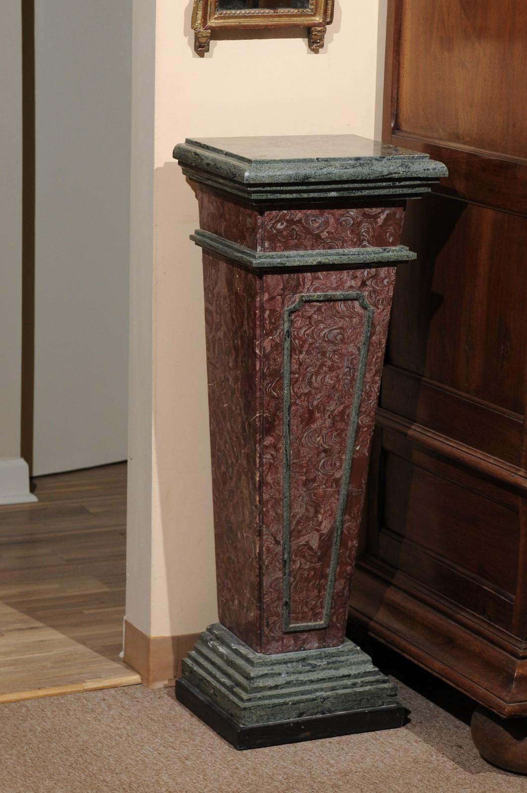 Pair of Neoclassical Style Red & Green Marble Pedestals, 19th Century, Italy 10