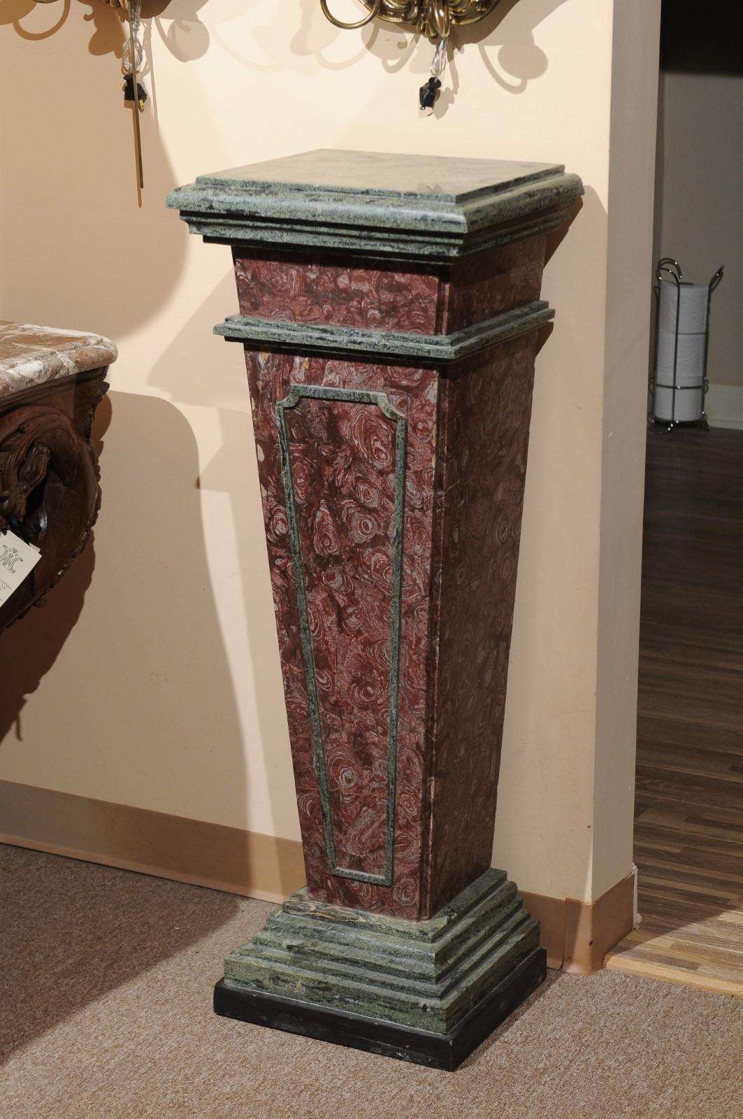 Carved Pair of Neoclassical Style Red & Green Marble Pedestals, 19th Century, Italy