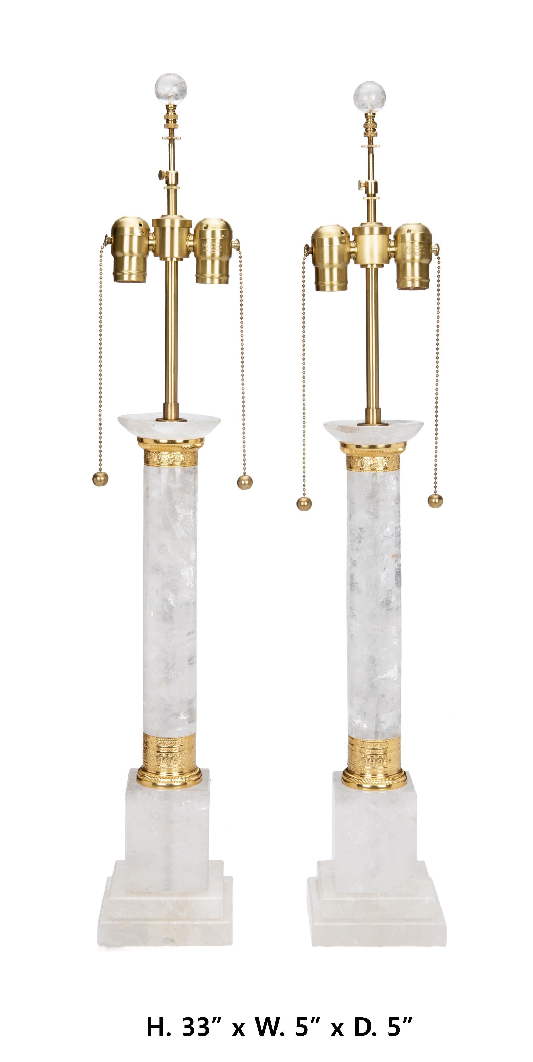 American Pair of Neoclassical Style Rock Crystal and Ormolu Lamps For Sale