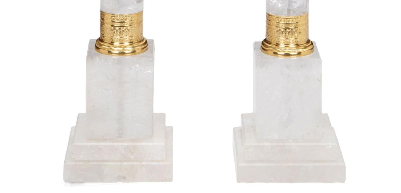Hand-Carved Pair of Neoclassical Style Rock Crystal and Ormolu Lamps For Sale