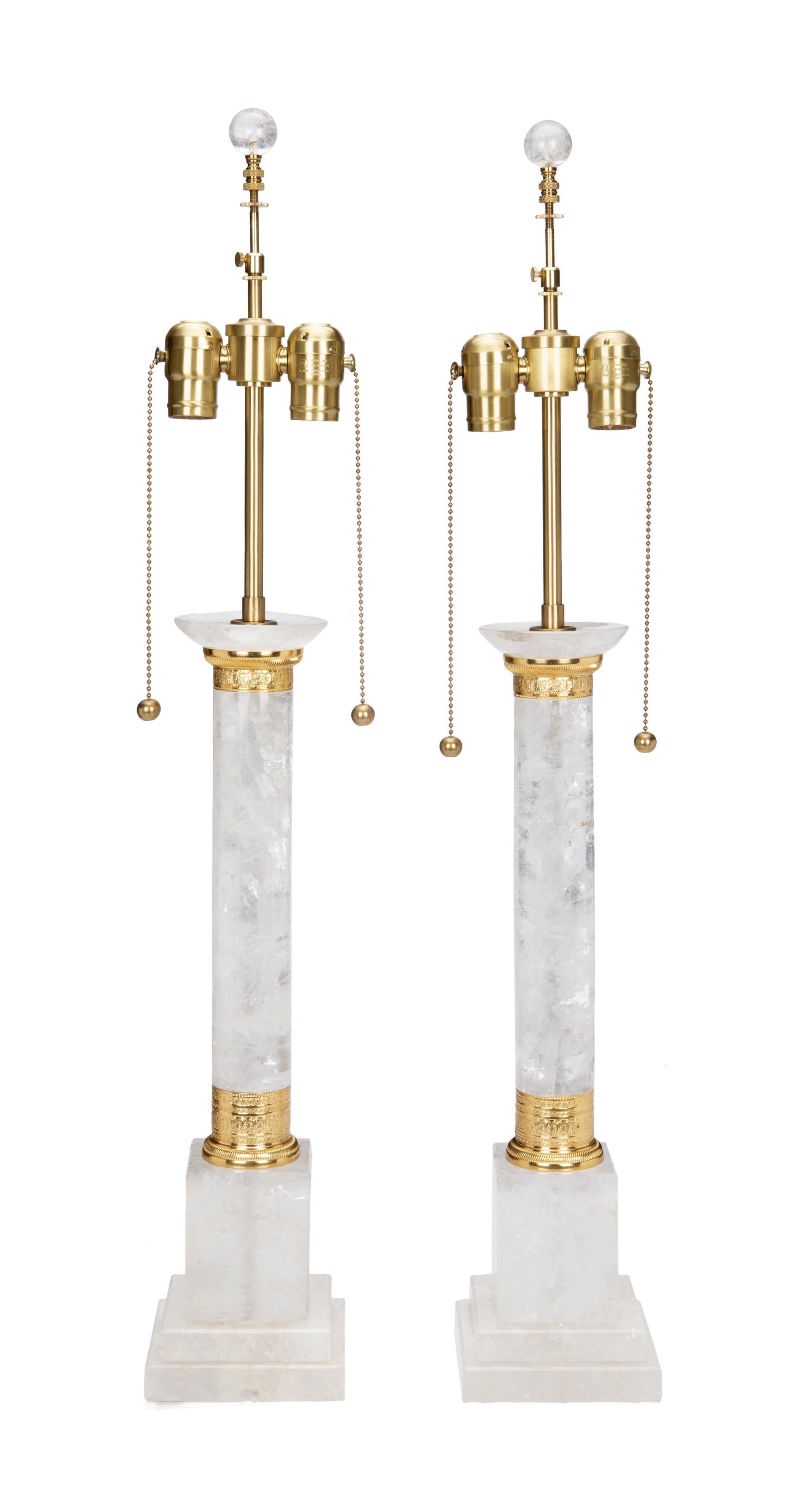 Pair of Neoclassical Style Rock Crystal and Ormolu Lamps In Excellent Condition For Sale In Cypress, CA