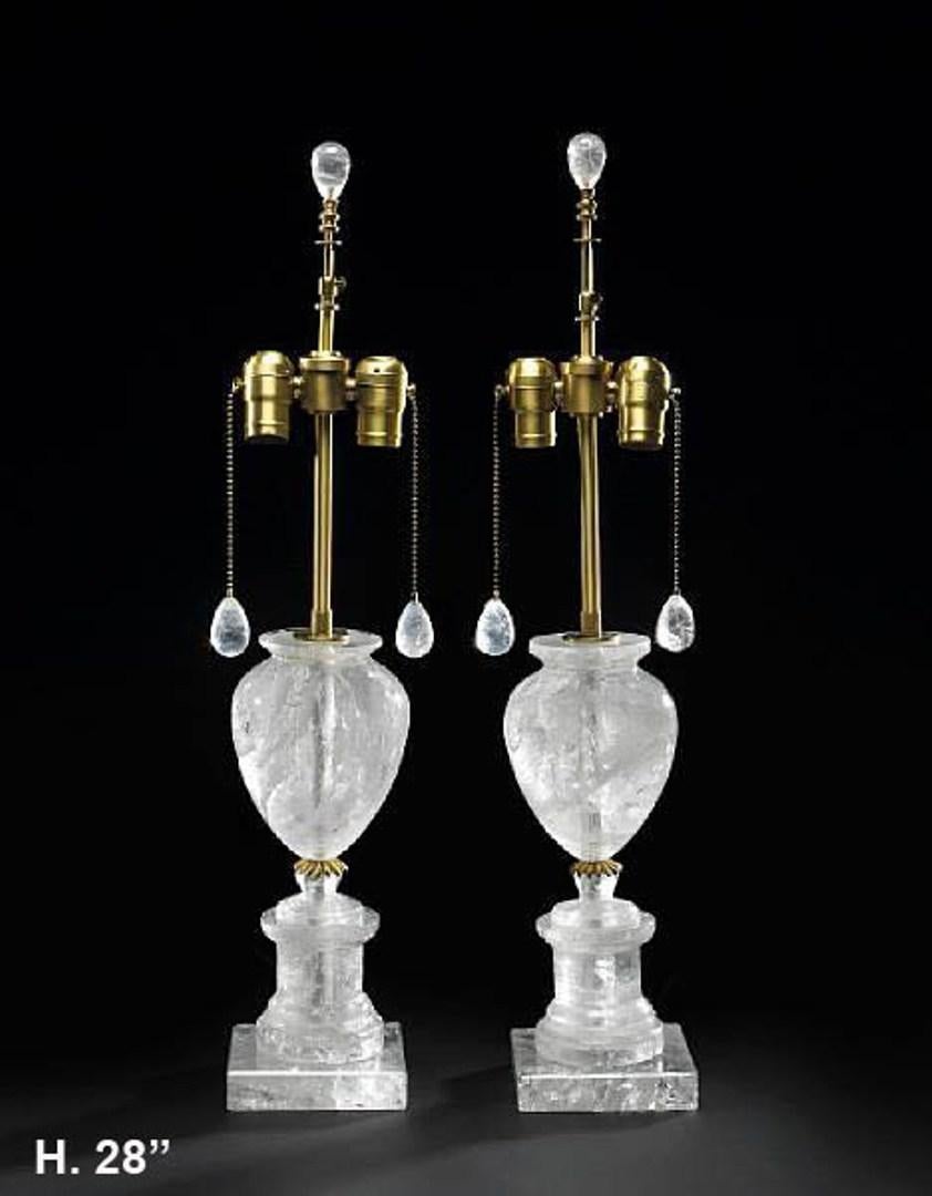 Polished Pair of Neoclassical Style Rock Crystal Urn-Form Lamps For Sale