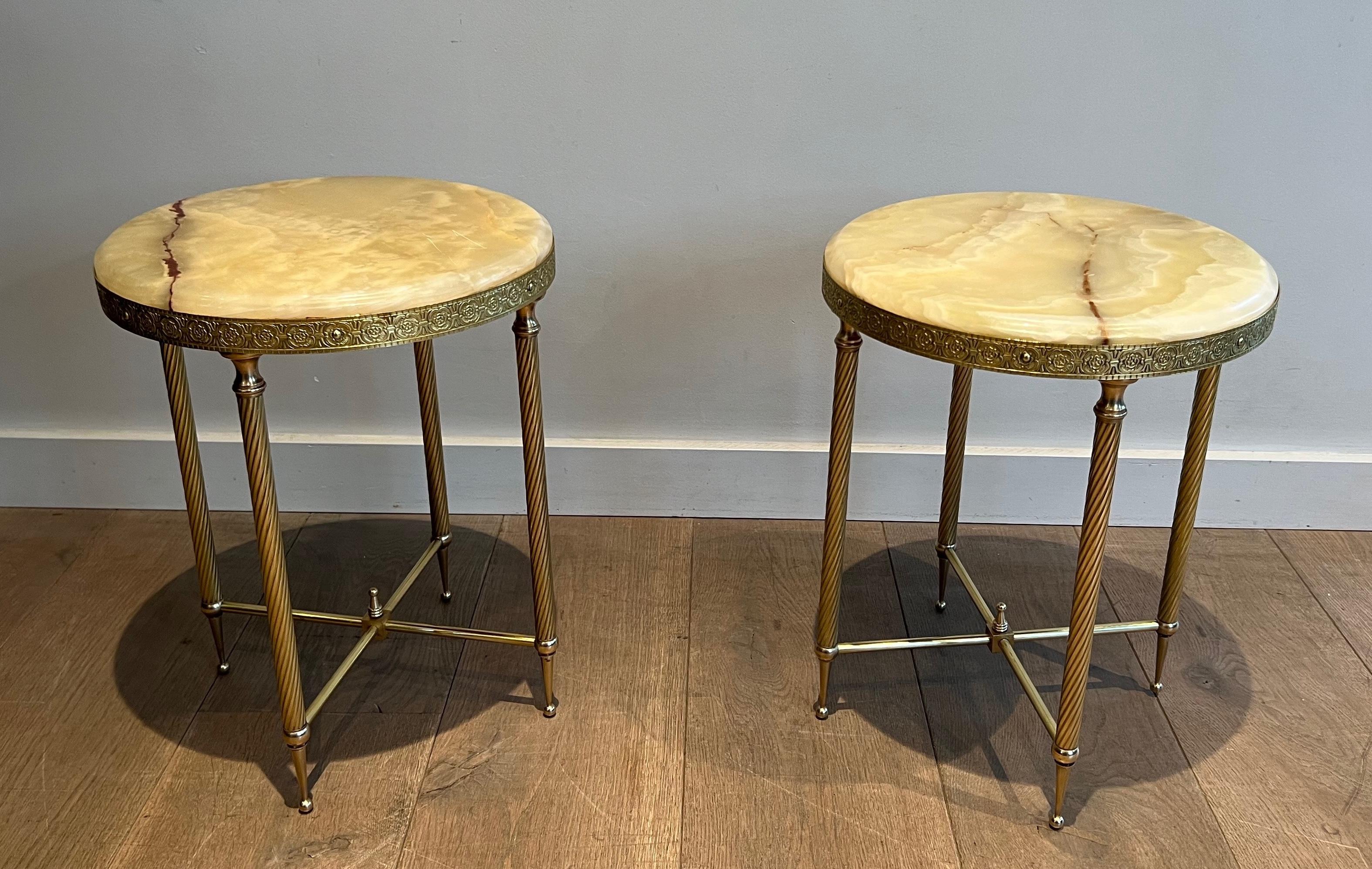 Pair of Neoclassical Style Round Brass Side Tables with Onyx Tops 6