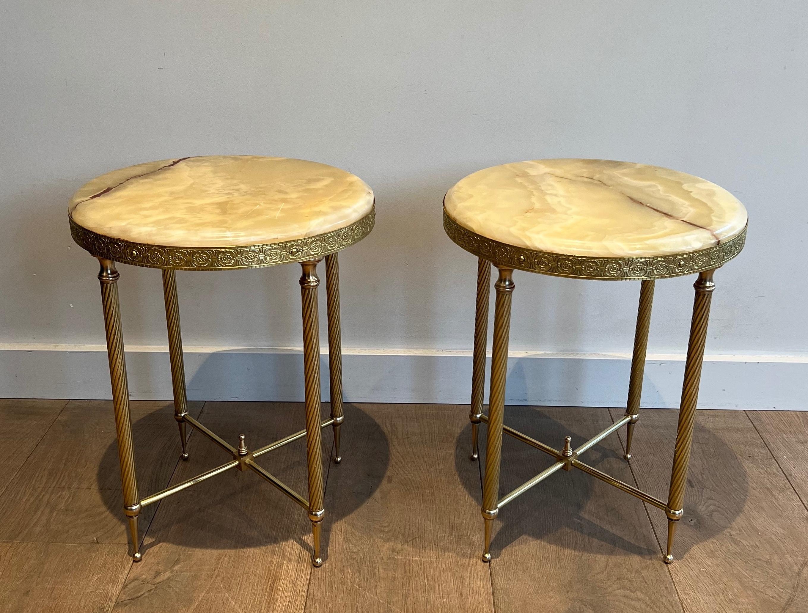 Pair of Neoclassical Style Round Brass Side Tables with Onyx Tops 7