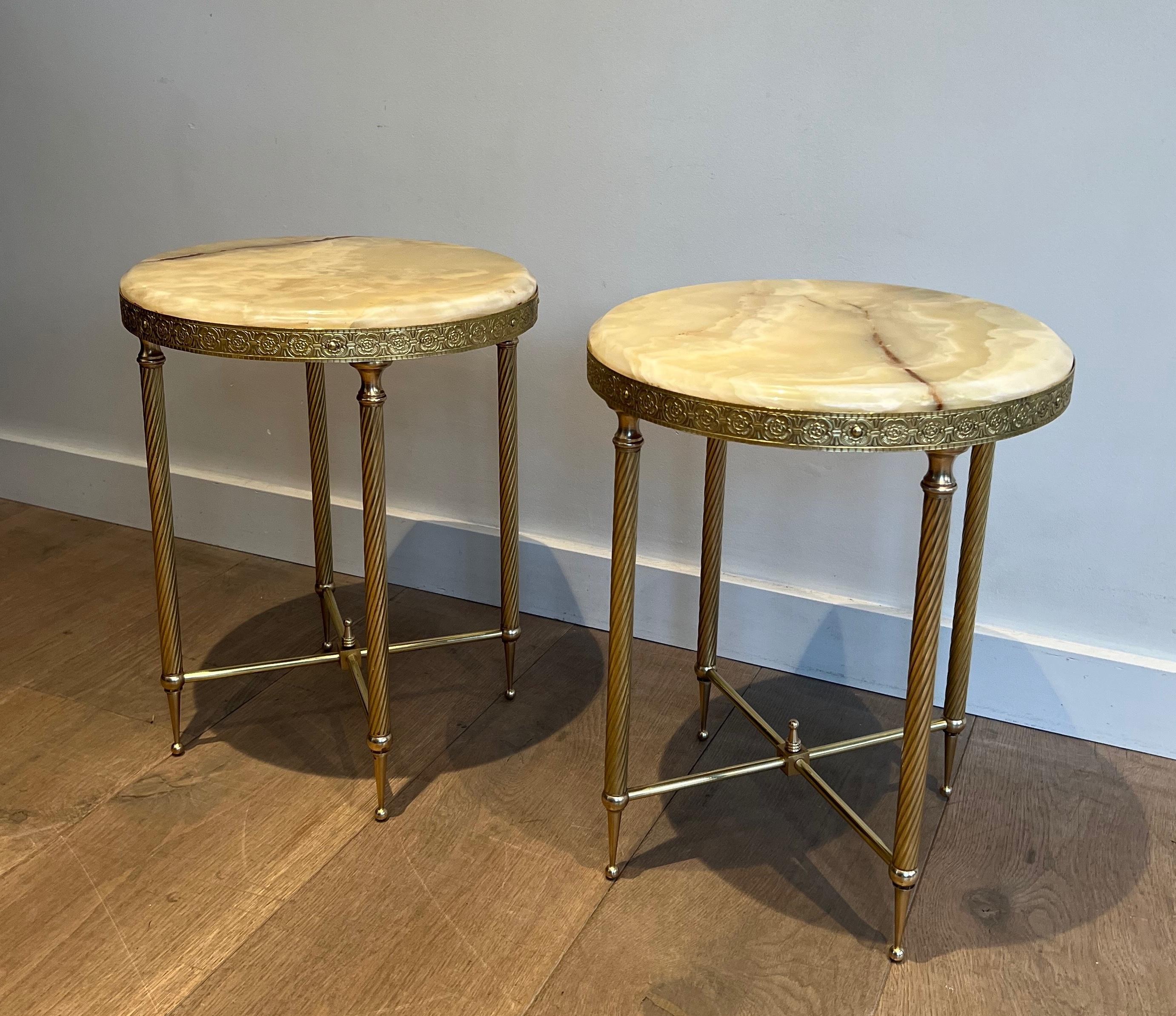 Pair of Neoclassical Style Round Brass Side Tables with Onyx Tops 8