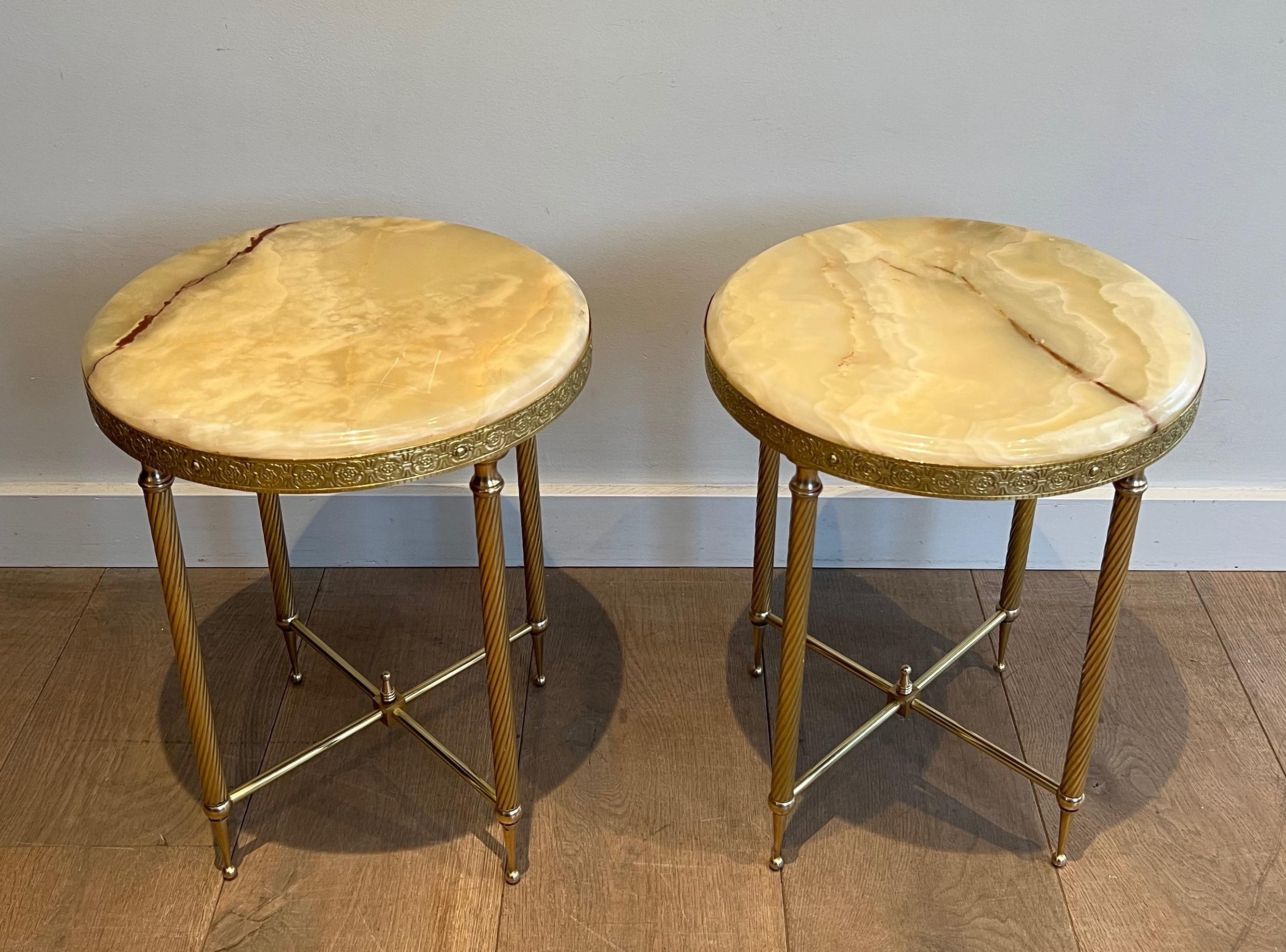 Pair of Neoclassical Style Round Brass Side Tables with Onyx Tops 9