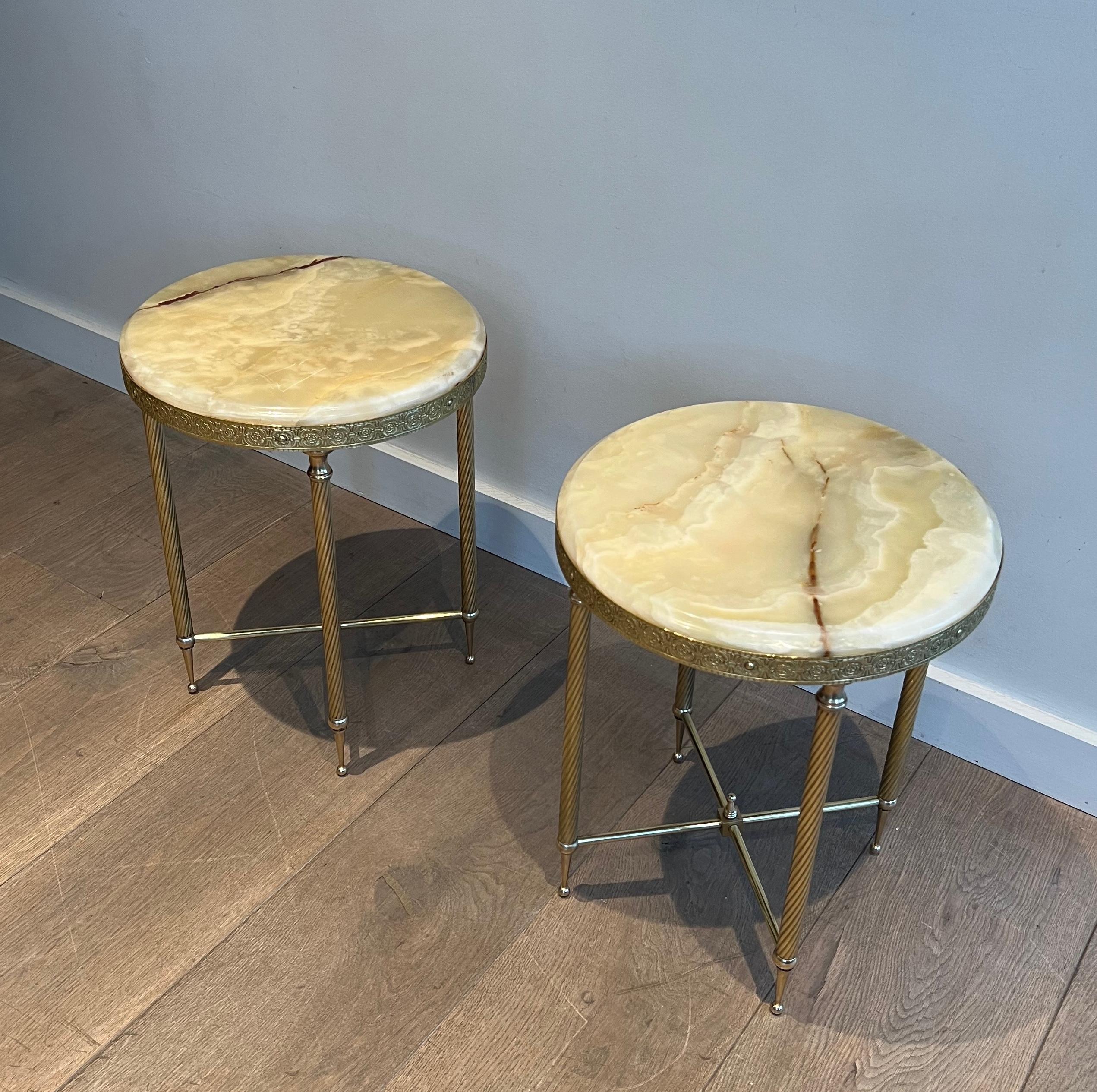 Pair of Neoclassical Style Round Brass Side Tables with Onyx Tops 13