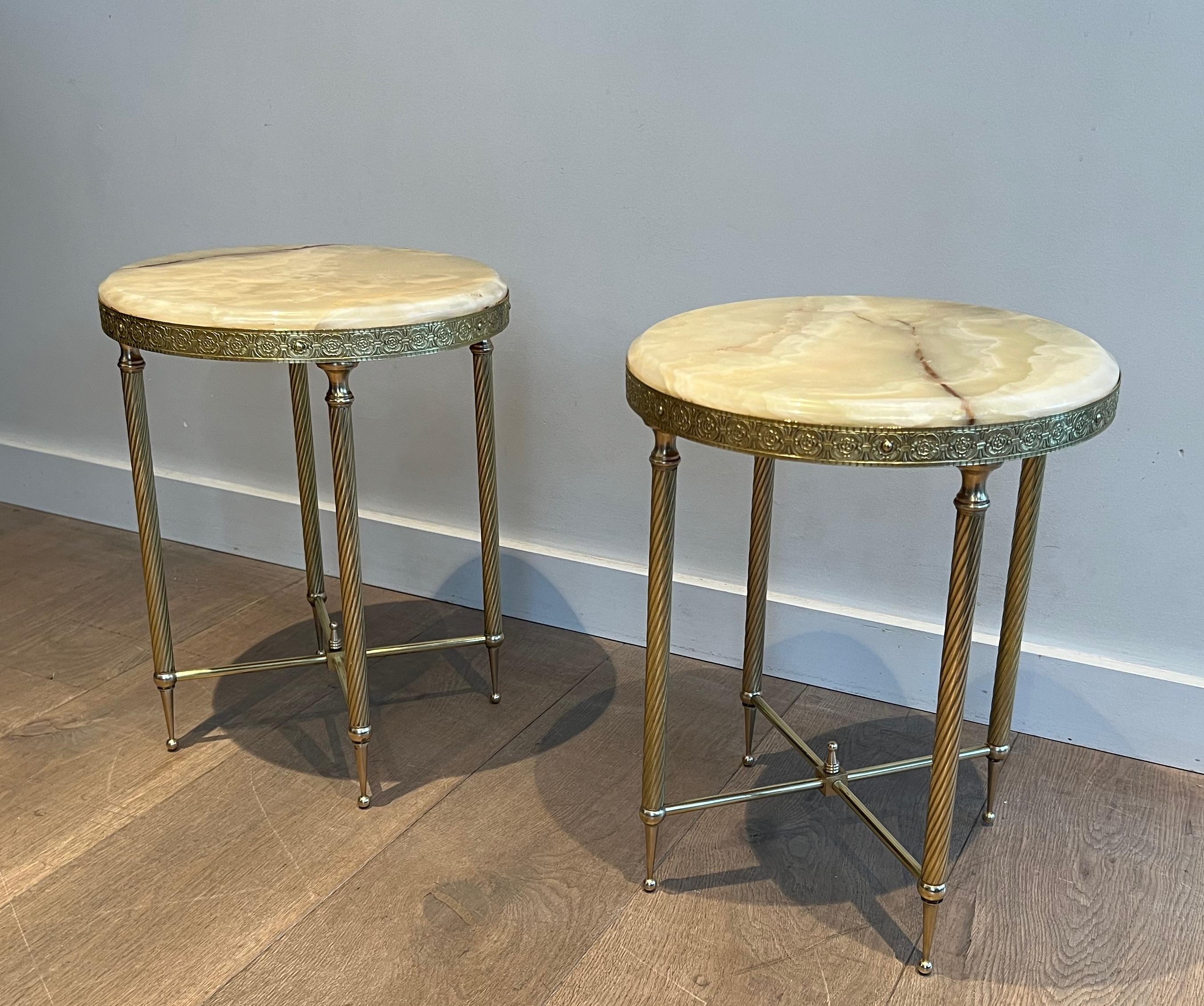 Pair of Neoclassical Style Round Brass Side Tables with Onyx Tops 14