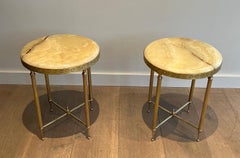 Pair of Neoclassical Style Round Brass Side Tables with Onyx Tops