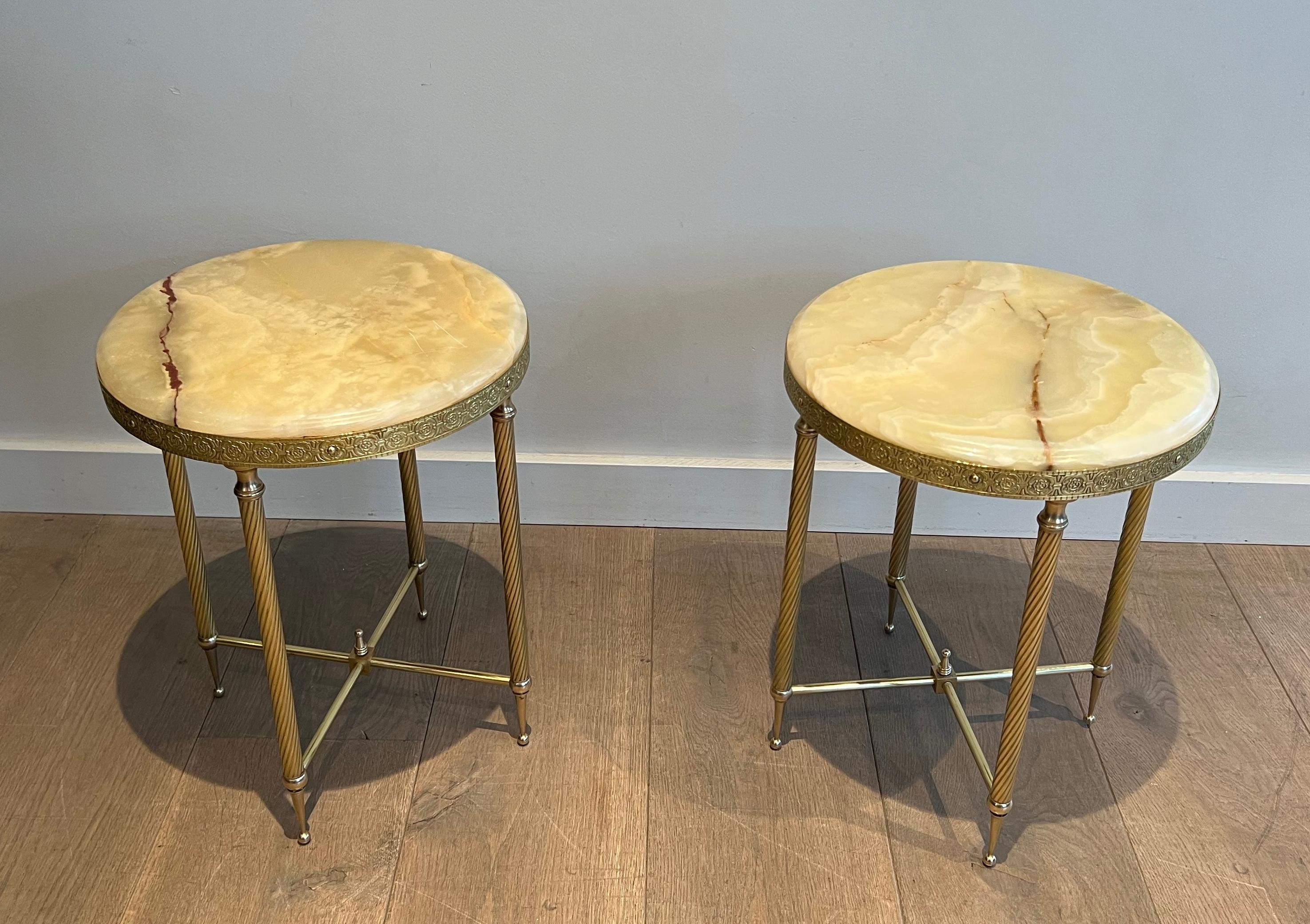 Pair of Neoclassical Style Round Brass Side Tables with Onyx Tops 15