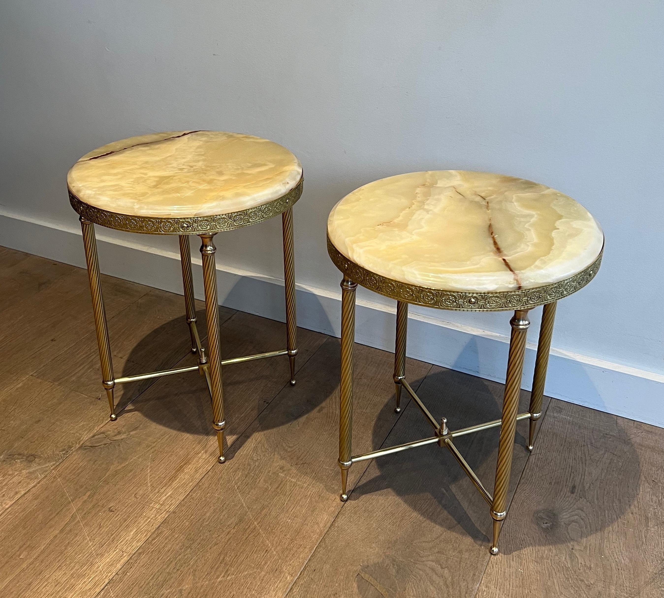 French Pair of Neoclassical Style Round Brass Side Tables with Onyx Tops