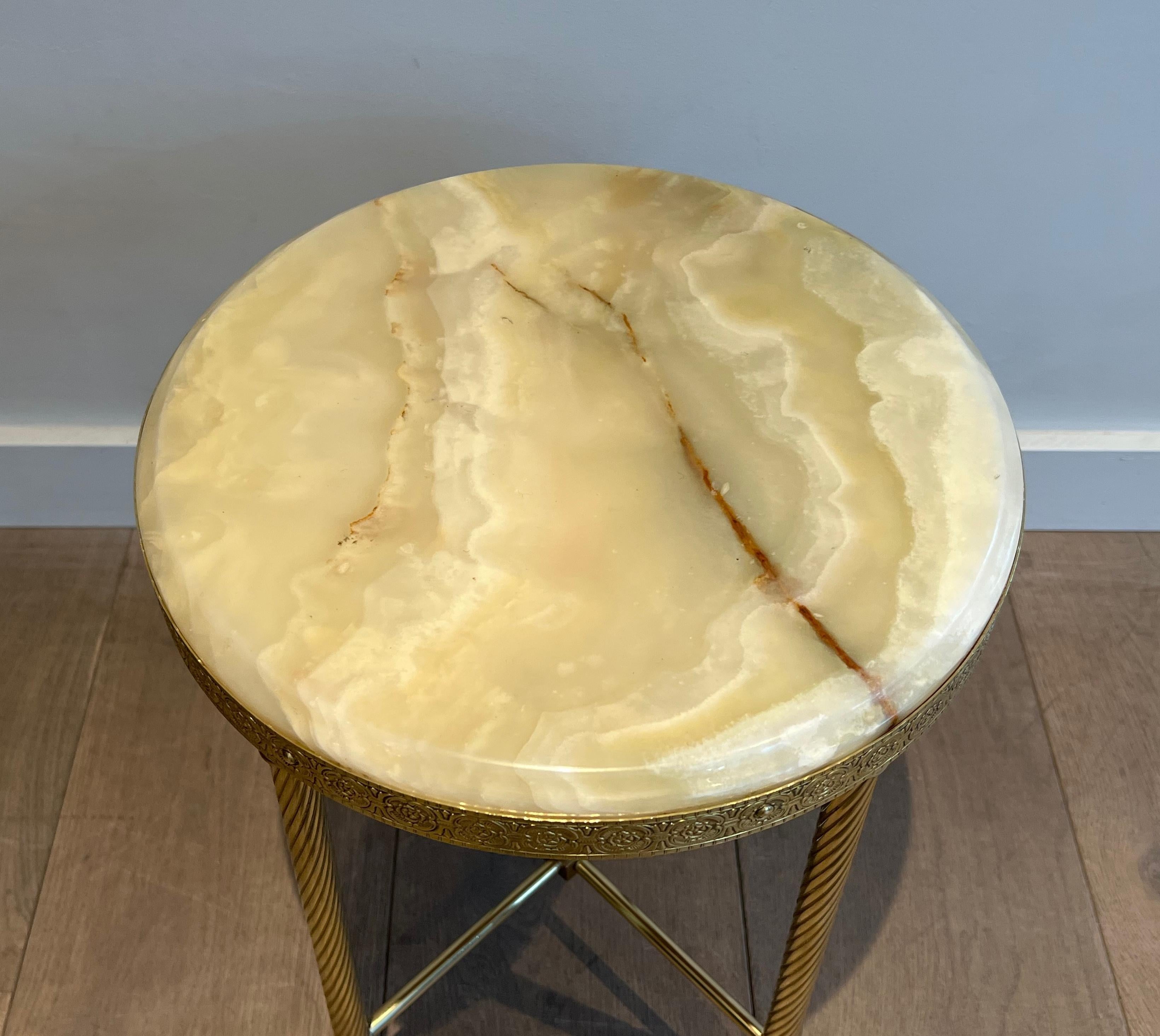 Pair of Neoclassical Style Round Brass Side Tables with Onyx Tops 1