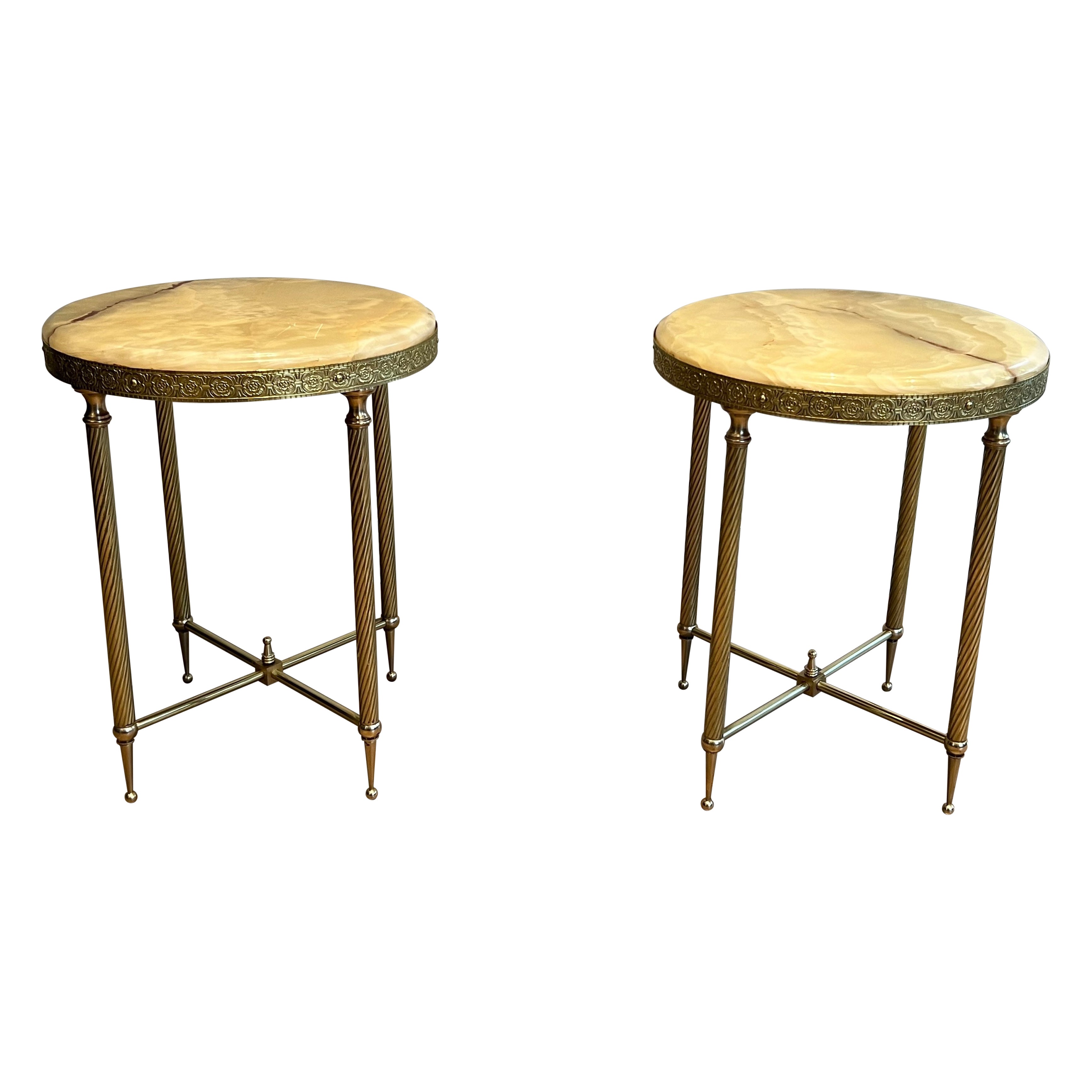 Pair of Neoclassical Style Round Brass Side Tables with Onyx Tops