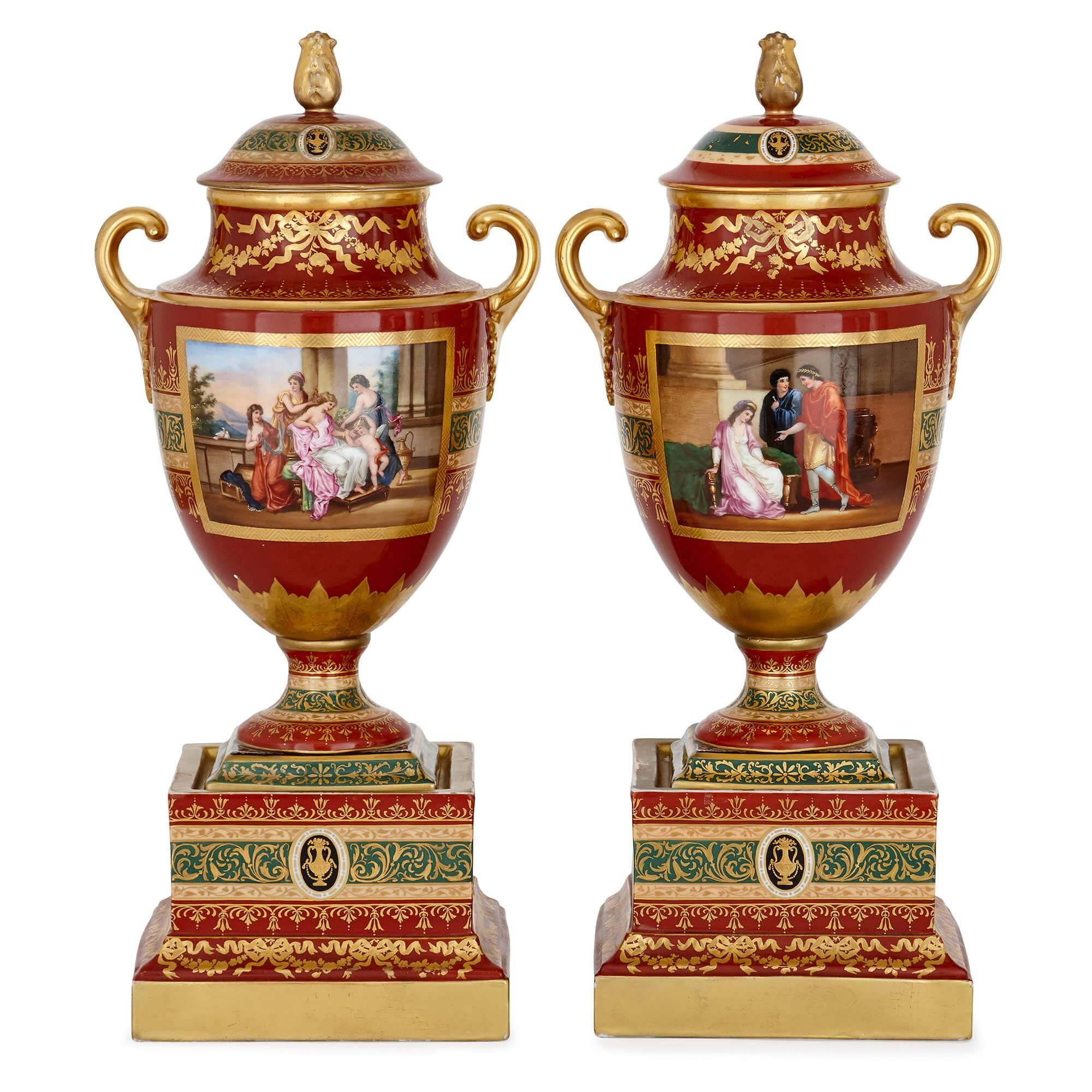 The beautiful coloring on this striking pair of vases makes them an excellent match for a wide range of interior styles, from the classical to the contemporary. The vases are the work of the Royal Vienna factory, Austria's foremost producer of fine