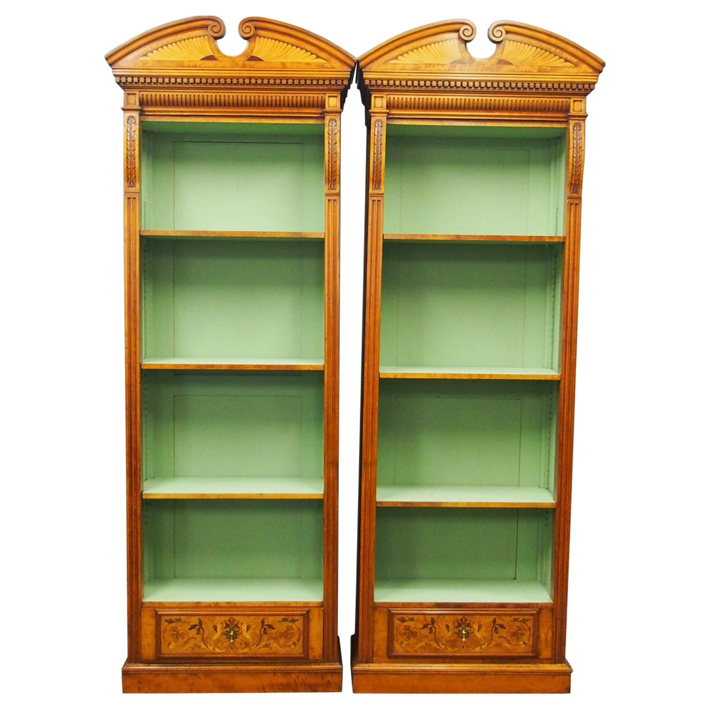 Pair of Neoclassical Style Satinwood Open Bookcases