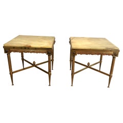 Pair of Neoclassical Style Square Brass Side Tables with Onyx Tops