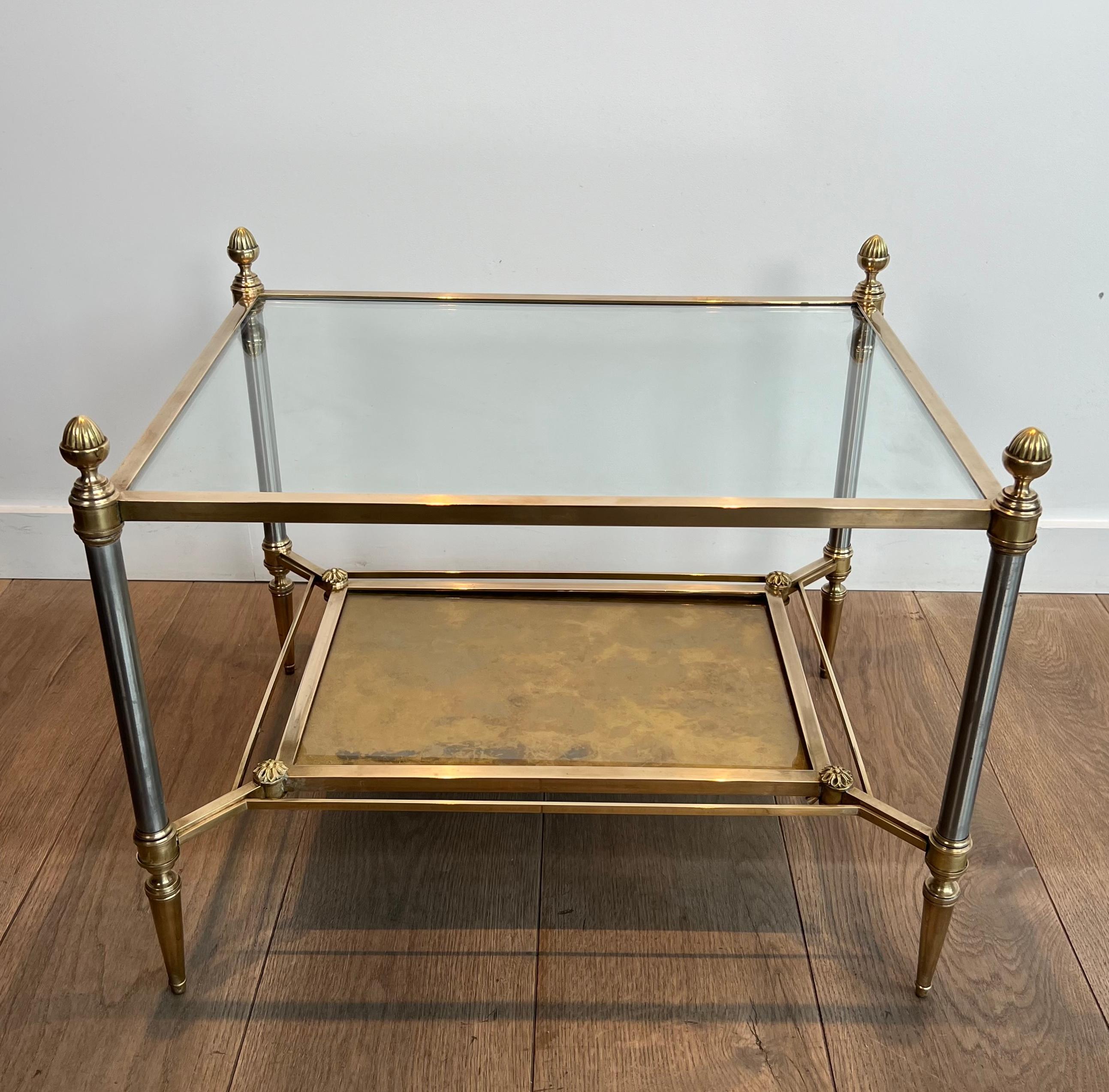 Pair of Neoclassical Style Steel and Brass Style Brass Side Tables by Maison Jan (Mitte des 20. Jahrhunderts) im Angebot