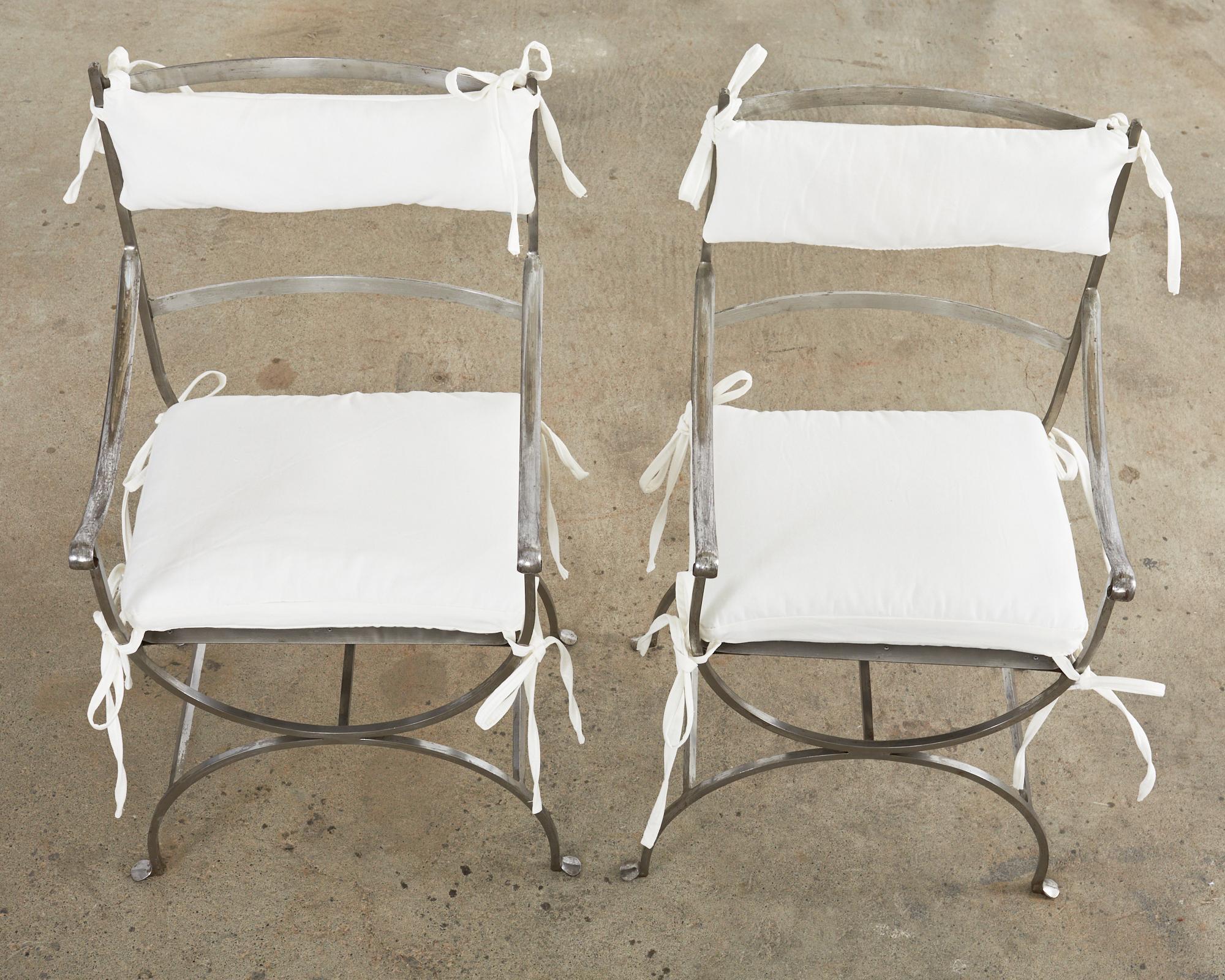 Pair of Neoclassical Style Steel Curule Garden Armchairs For Sale 6