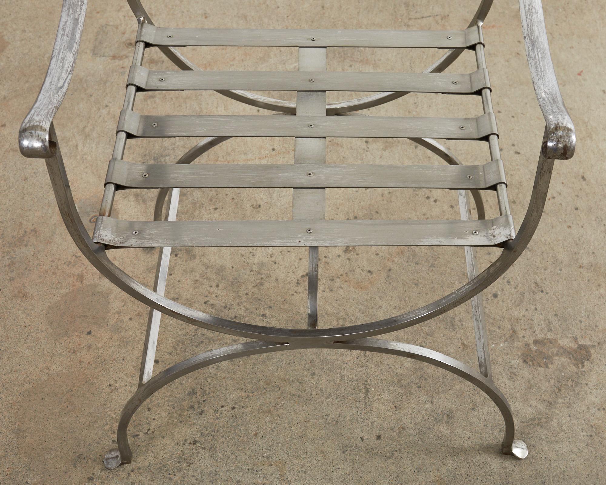 Pair of Neoclassical Style Steel Curule Garden Armchairs For Sale 11