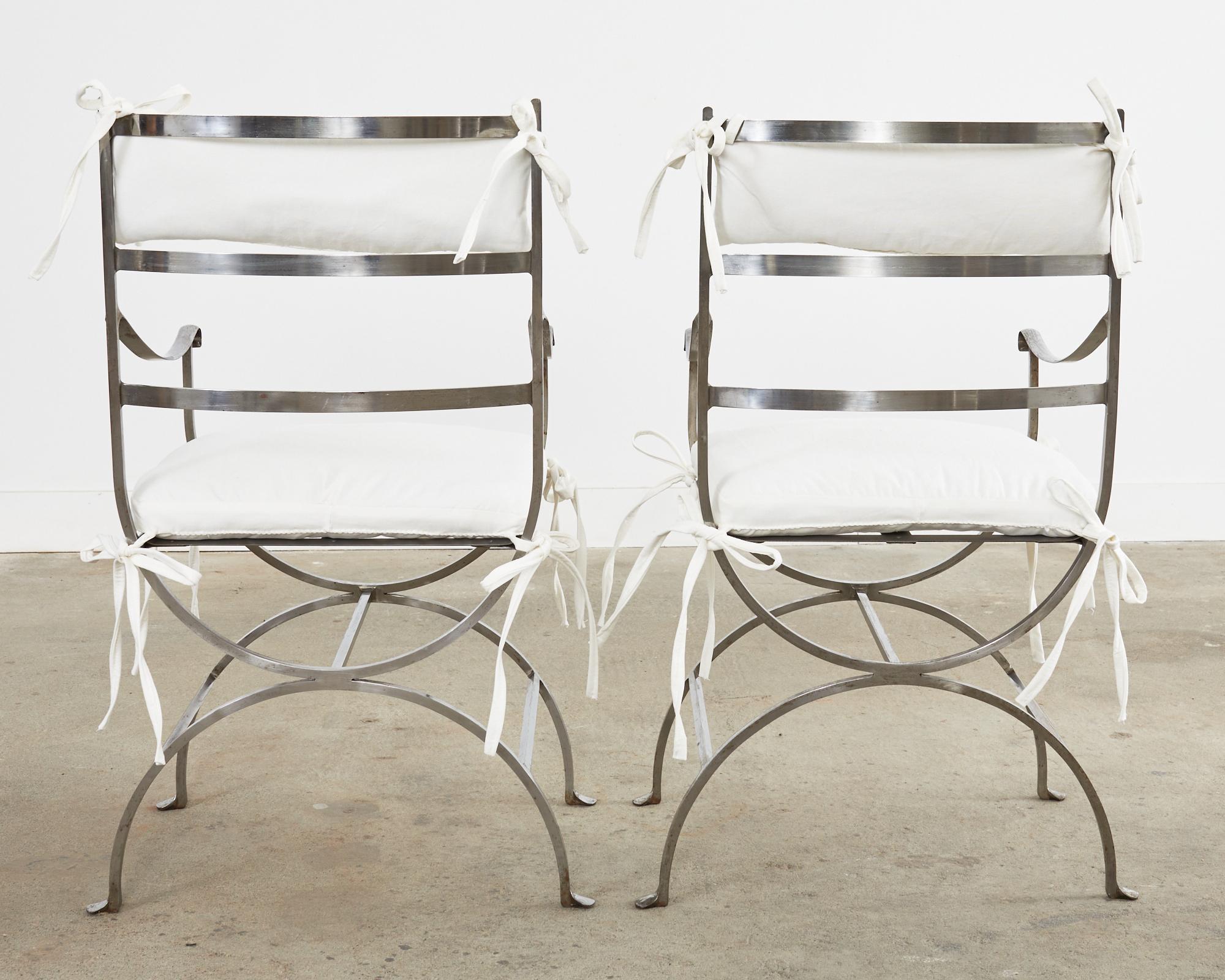 Pair of Neoclassical Style Steel Curule Garden Armchairs For Sale 14