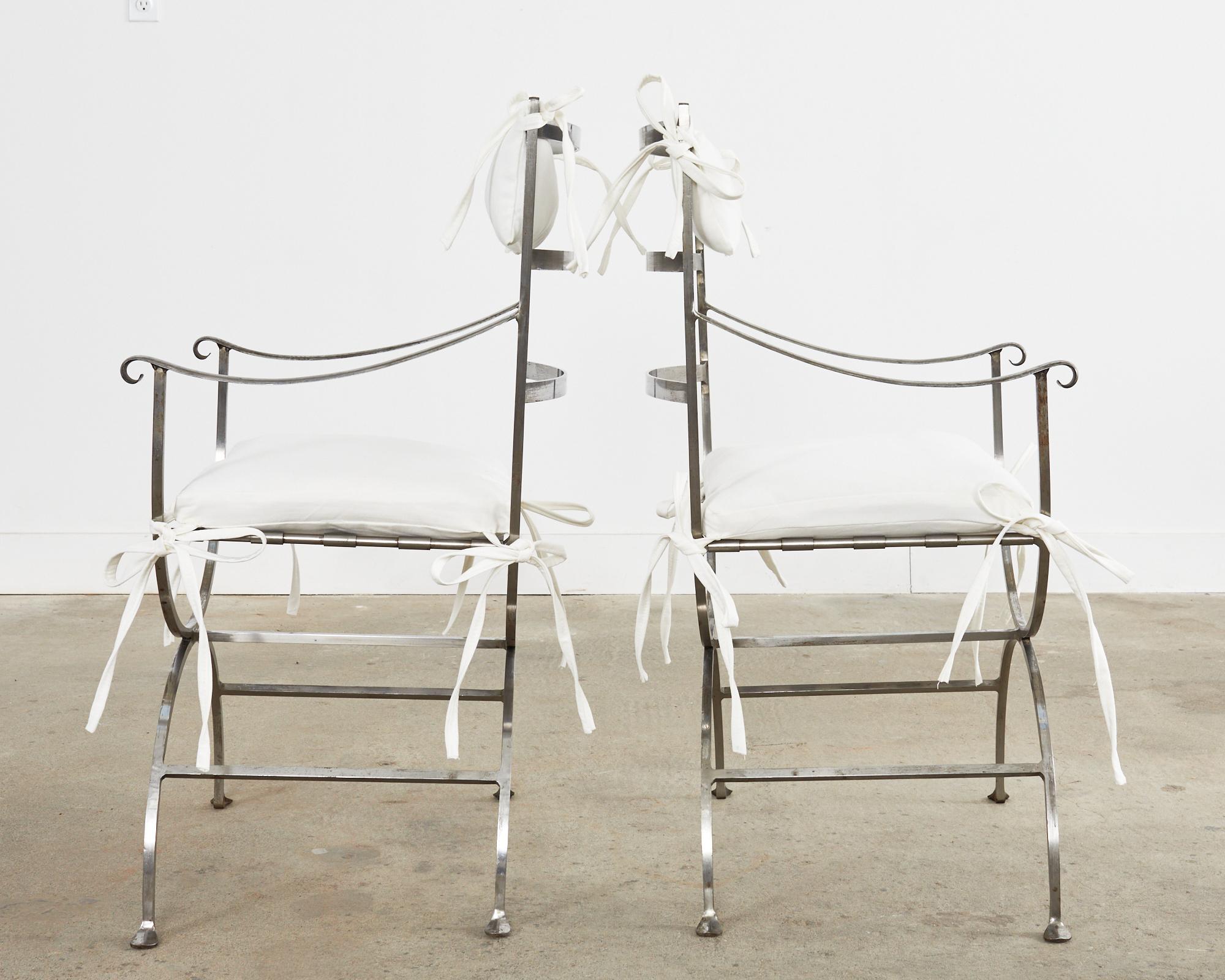 20th Century Pair of Neoclassical Style Steel Curule Garden Armchairs For Sale