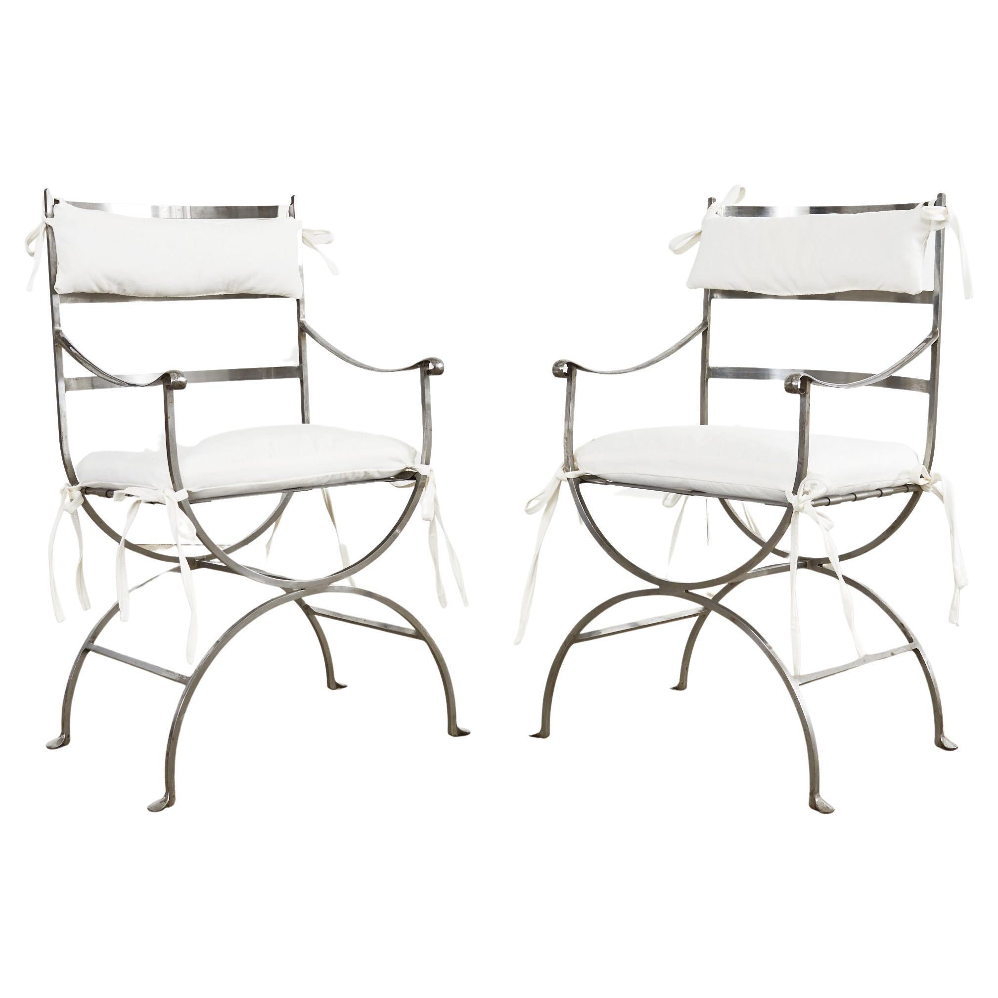 Pair of Neoclassical Style Steel Curule Garden Armchairs For Sale