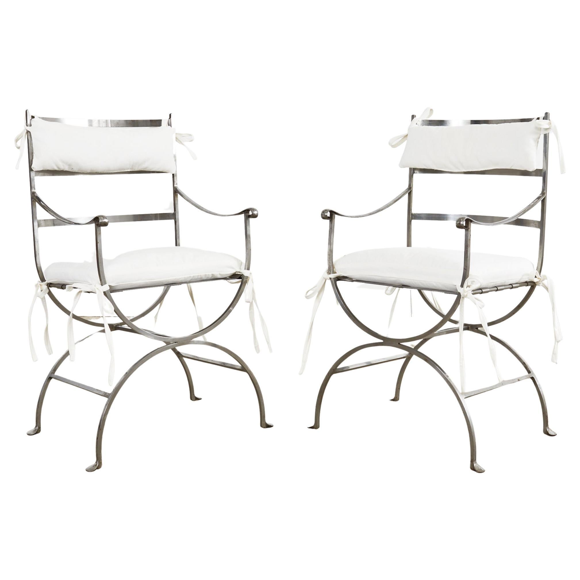 Pair of Neoclassical Style Steel Curule Garden Armchairs