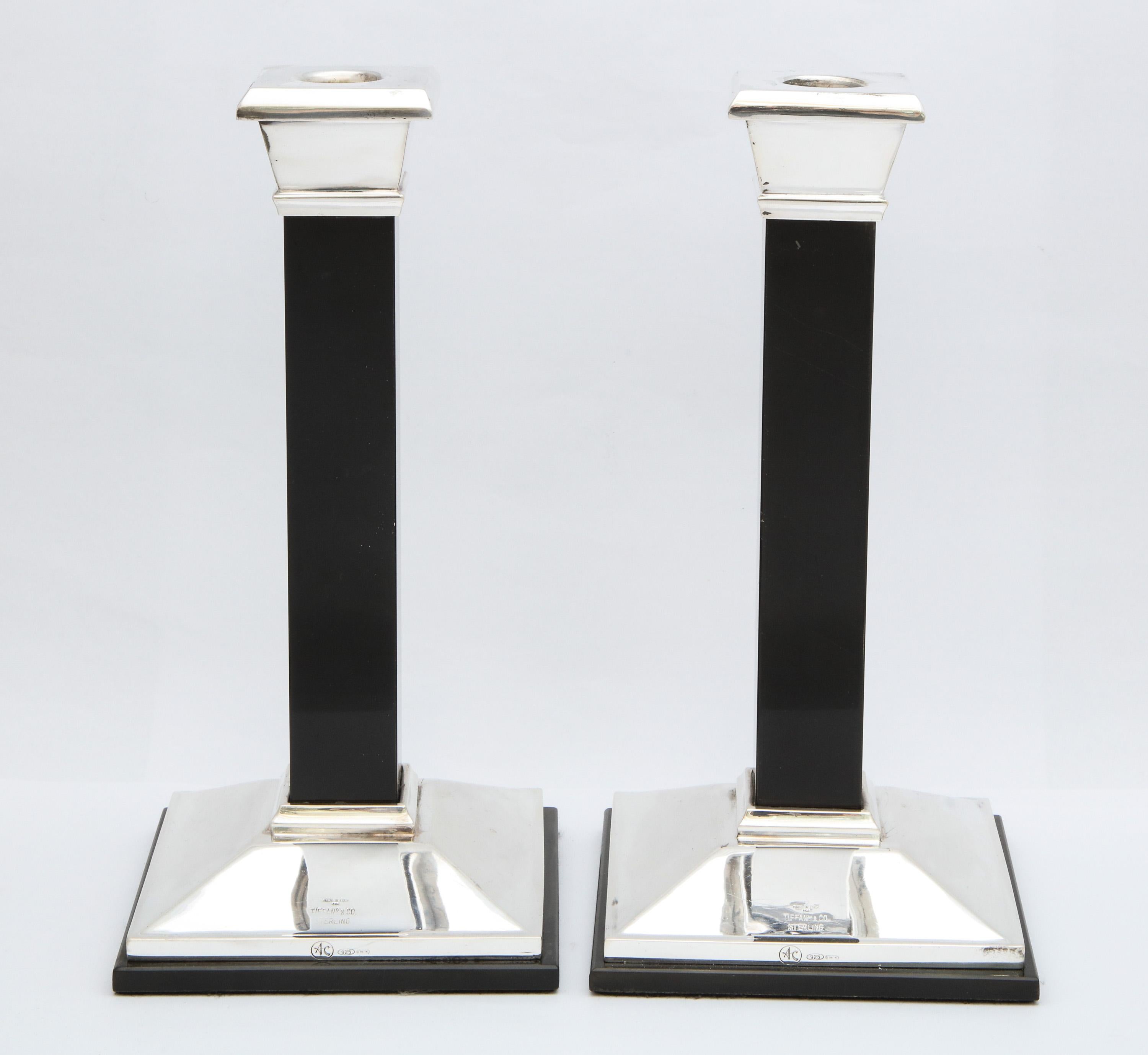 Italian Pair of Neoclassical-Style Sterling Silver and Onyx Candlesticks - Tiffany & Co.