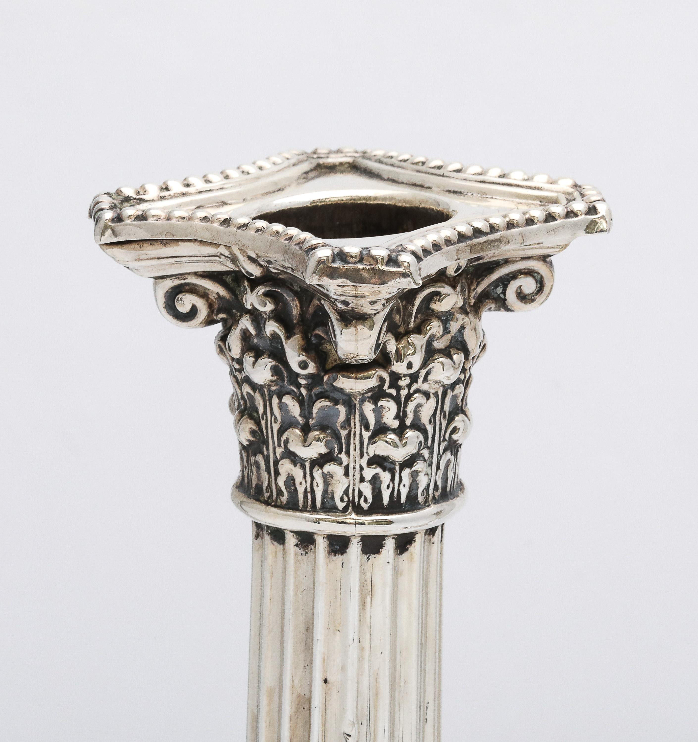 Pair of Neoclassical-Style Sterling Silver Corinthian Column Candlesticks For Sale 5