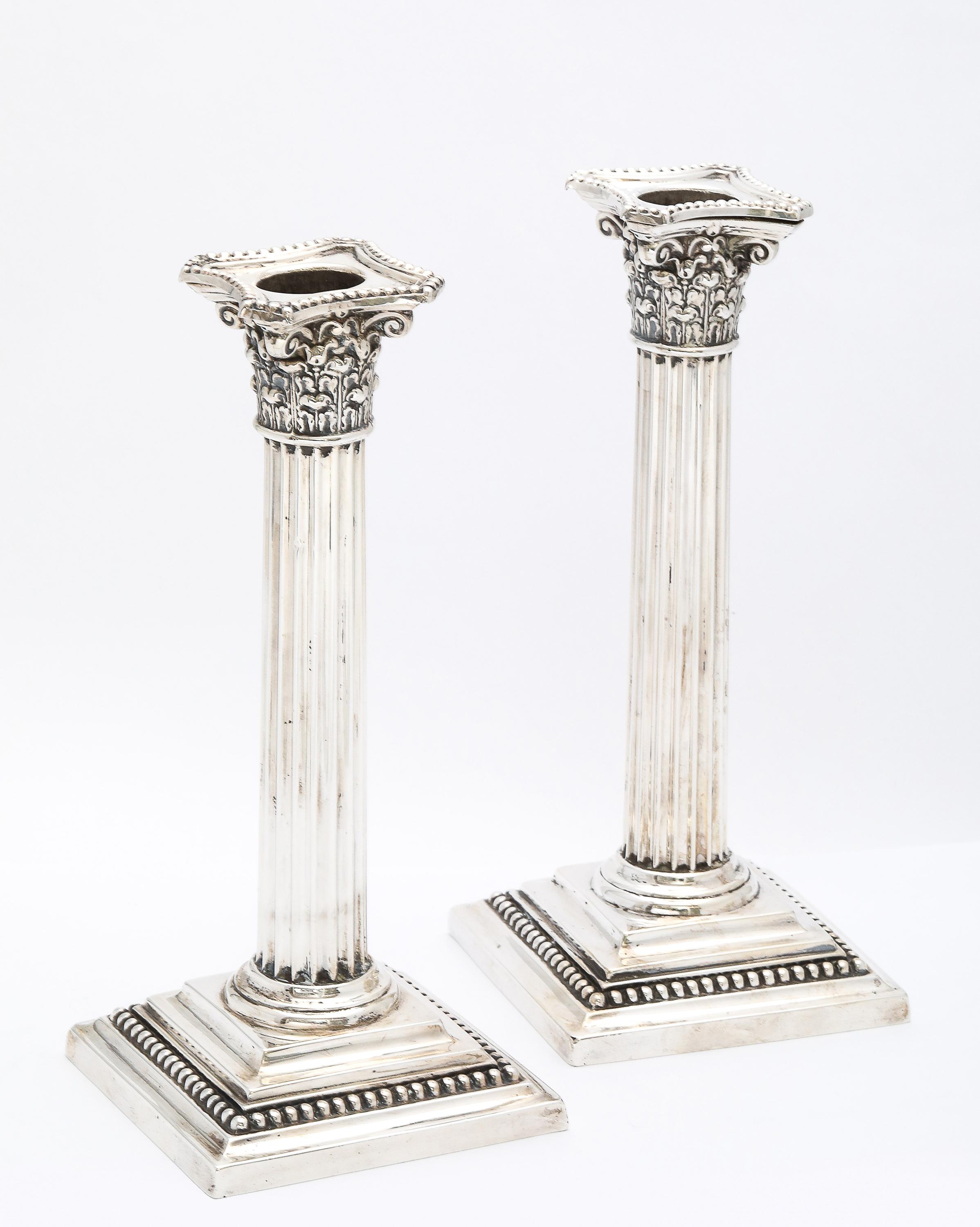 Pair of Neoclassical-Style Sterling Silver Corinthian Column Candlesticks For Sale 7