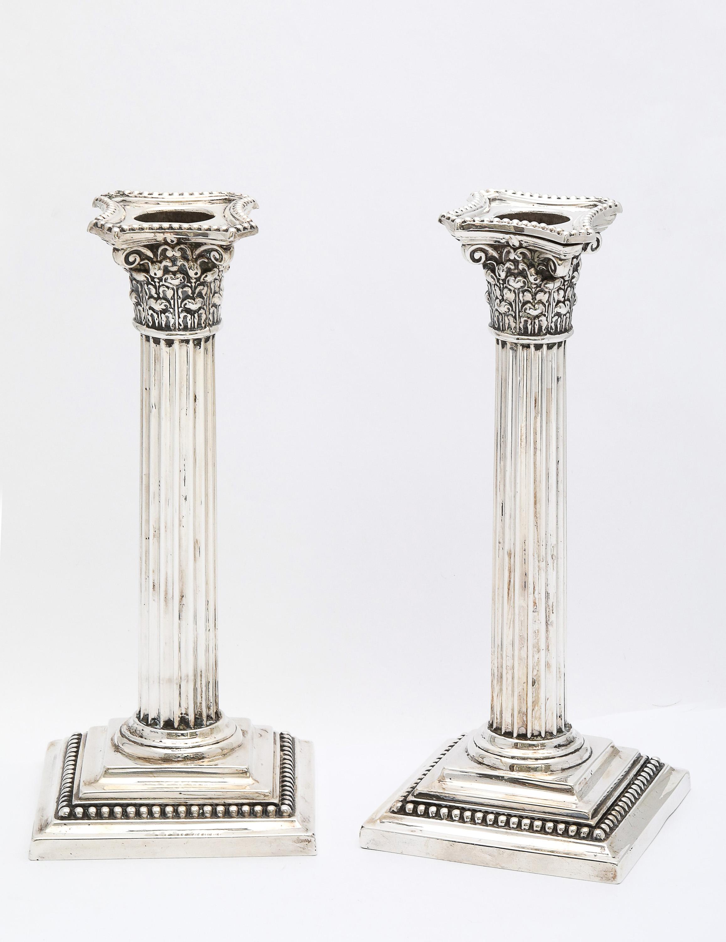 American Pair of Neoclassical-Style Sterling Silver Corinthian Column Candlesticks For Sale