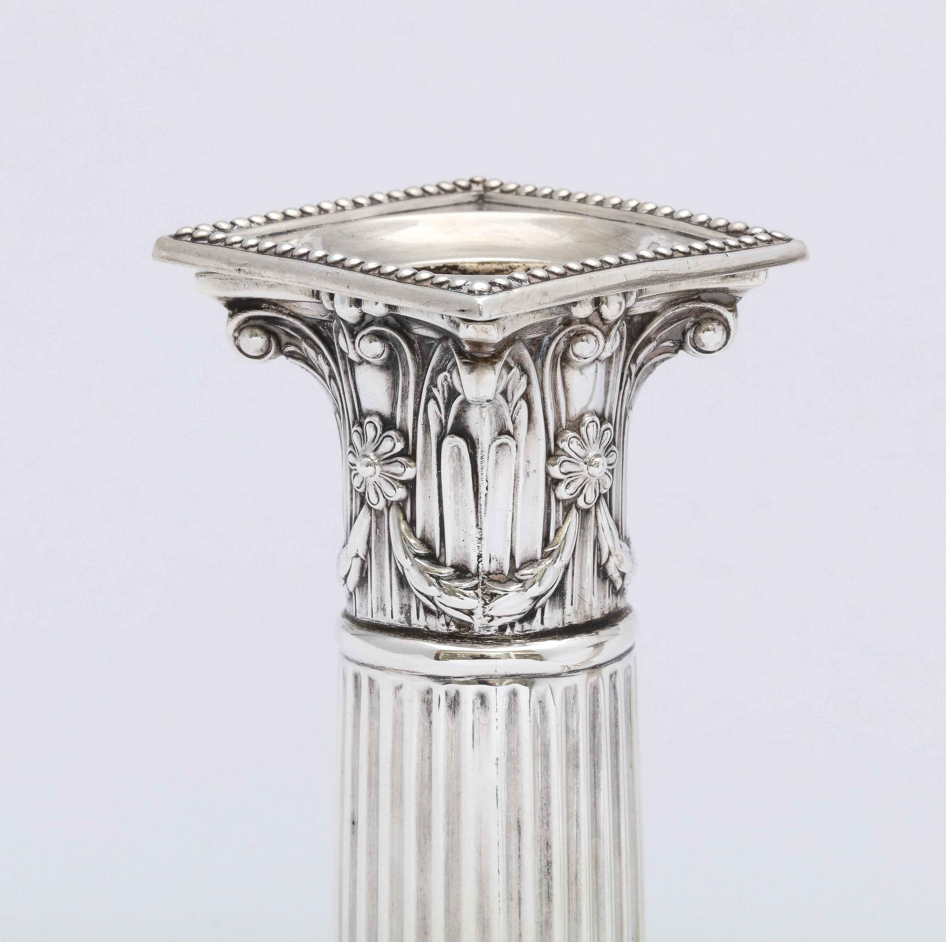 Pair of Neoclassical Style Sterling Silver Corinthian Column Candlesticks For Sale 1