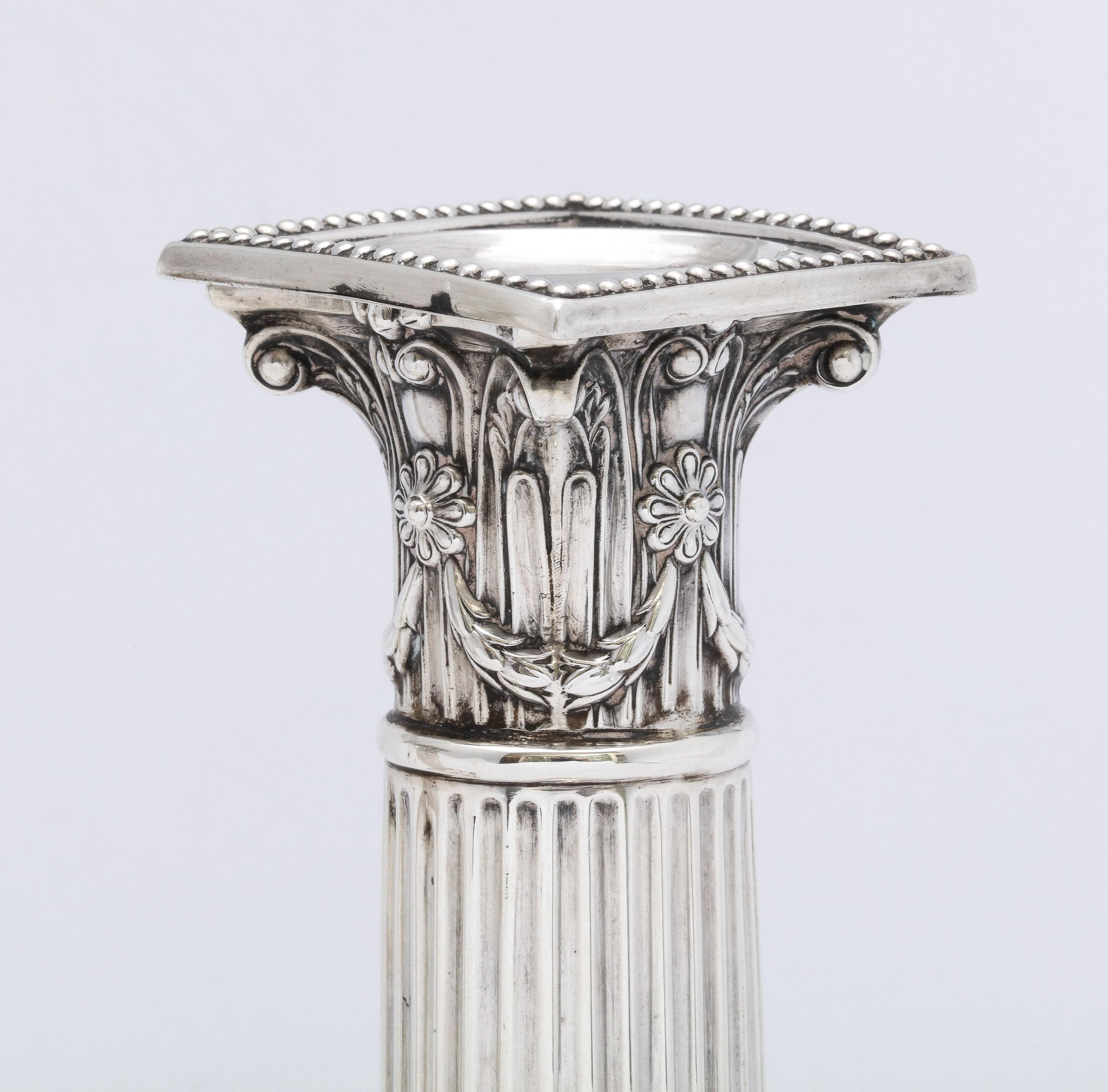 Pair of Neoclassical Style Sterling Silver Corinthian Column Candlesticks For Sale 2