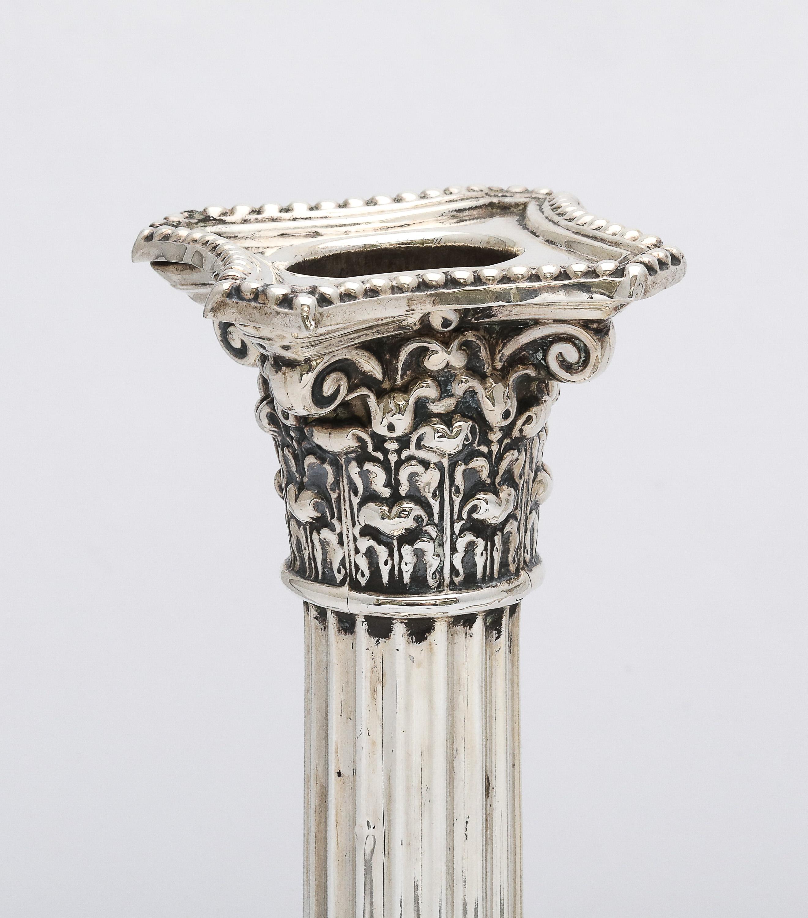 Pair of Neoclassical-Style Sterling Silver Corinthian Column Candlesticks For Sale 2
