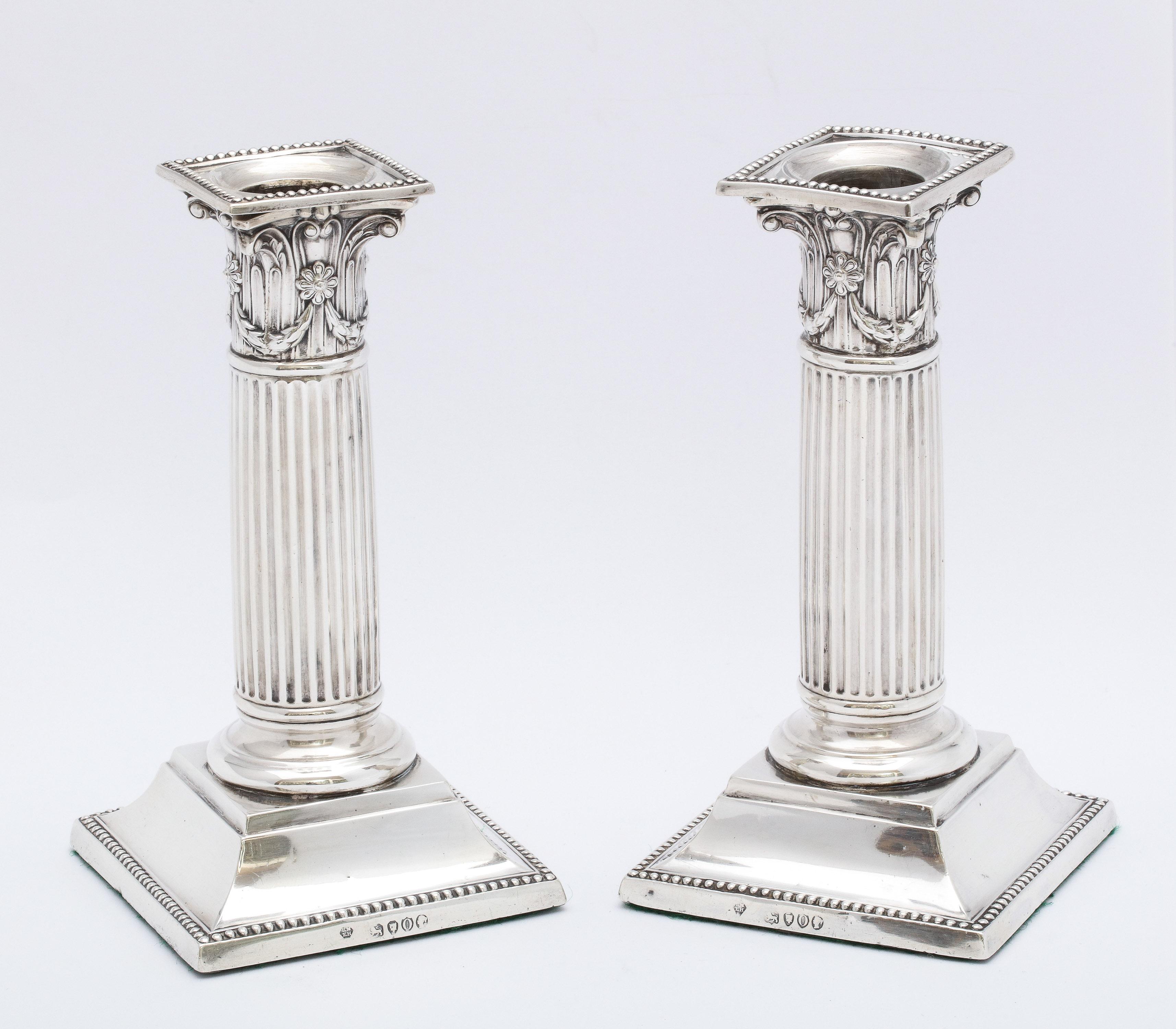 Pair of Neoclassical Style Sterling Silver Corinthian Column Candlesticks For Sale 3