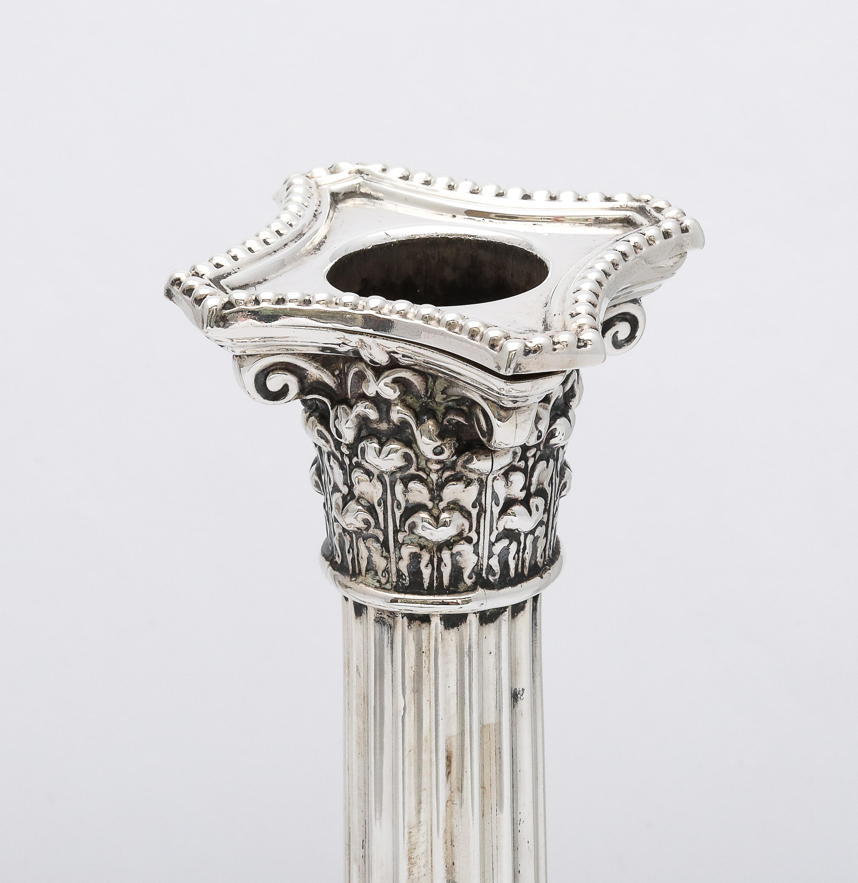 Pair of Neoclassical-Style Sterling Silver Corinthian Column Candlesticks For Sale 3