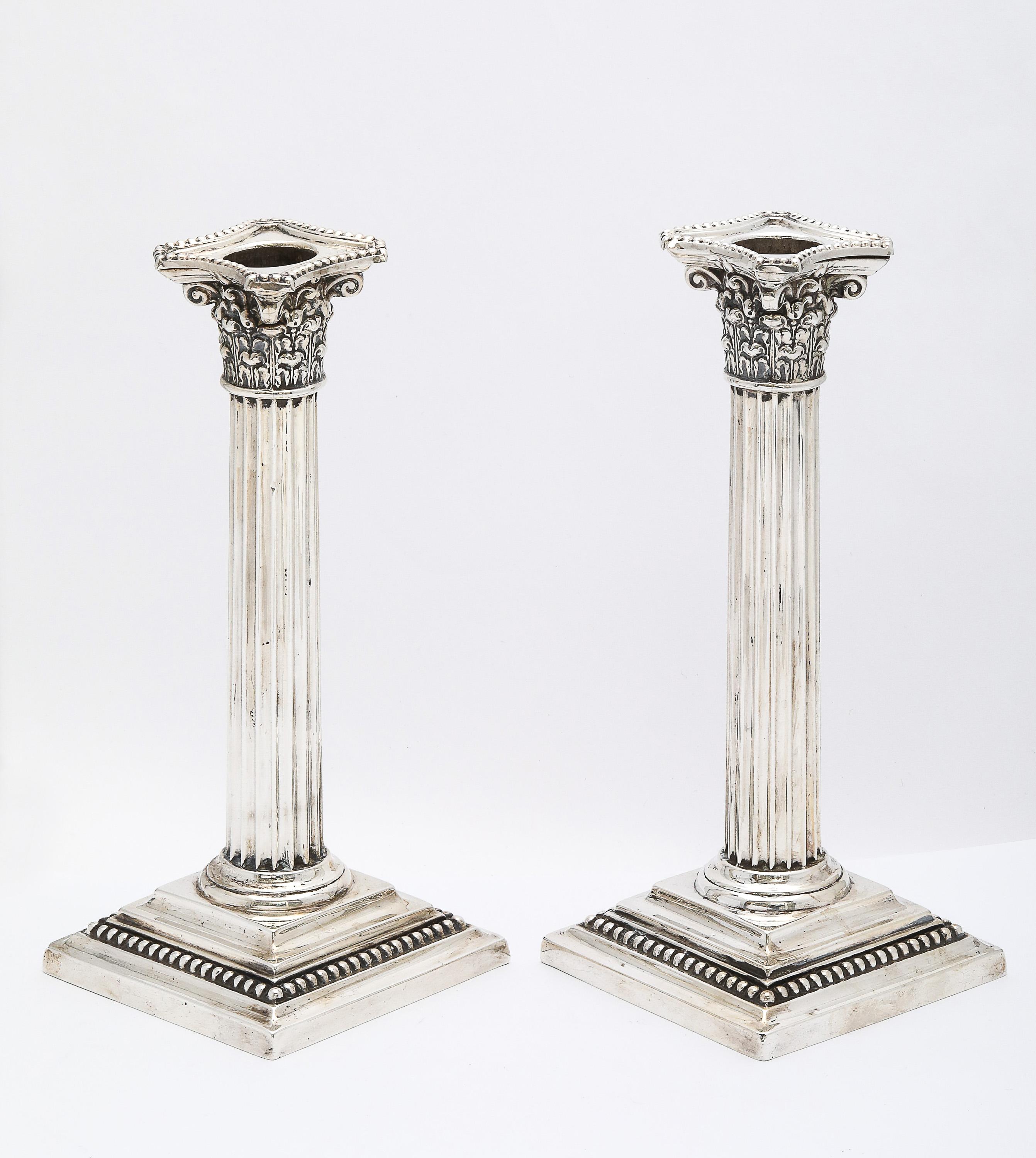 Pair of Neoclassical-Style Sterling Silver Corinthian Column Candlesticks For Sale 4