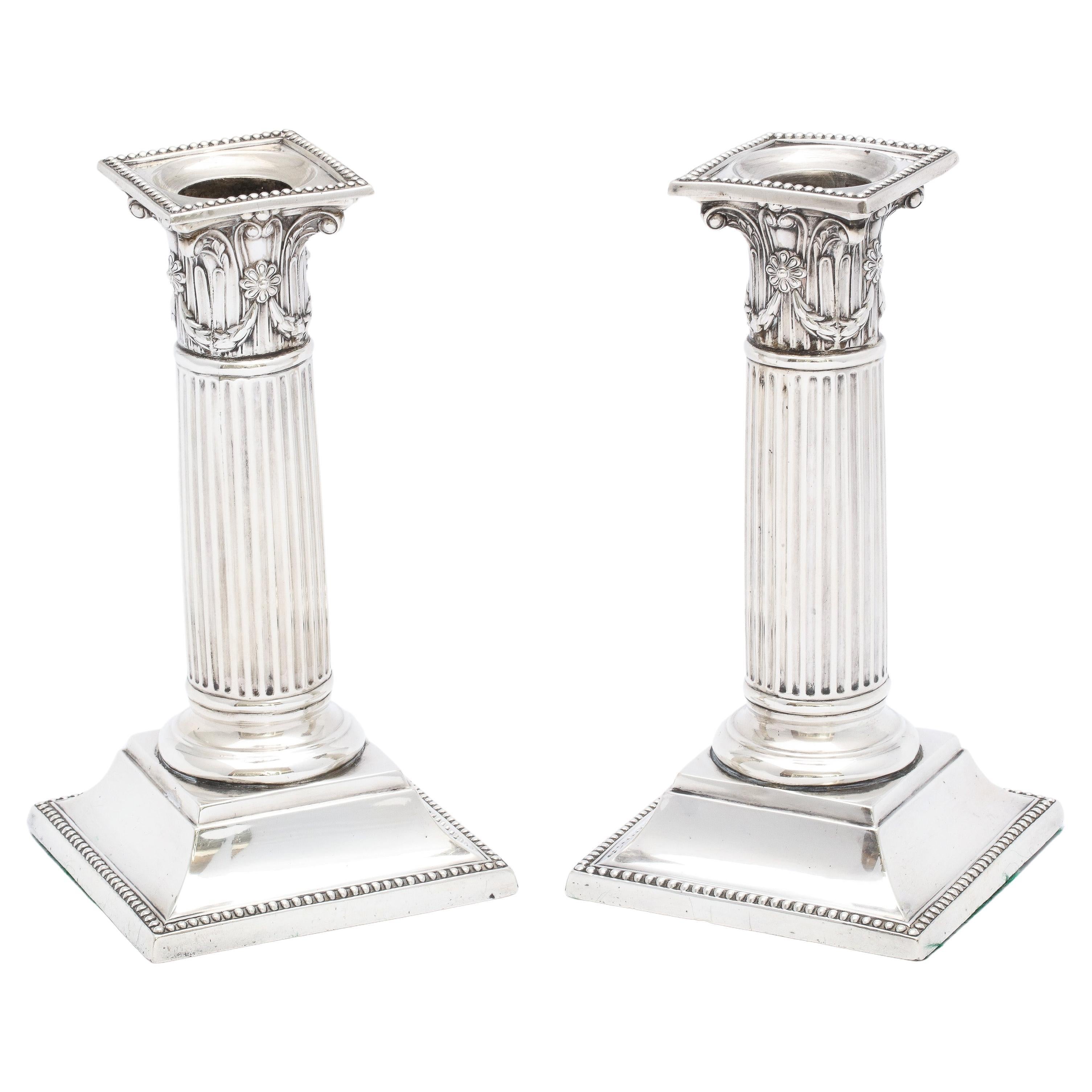 Pair of Neoclassical Style Sterling Silver Corinthian Column Candlesticks For Sale