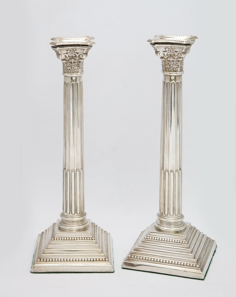 English Pair of Neoclassical-Style Sterling Silver Corinthian Column-Form Candlesticks