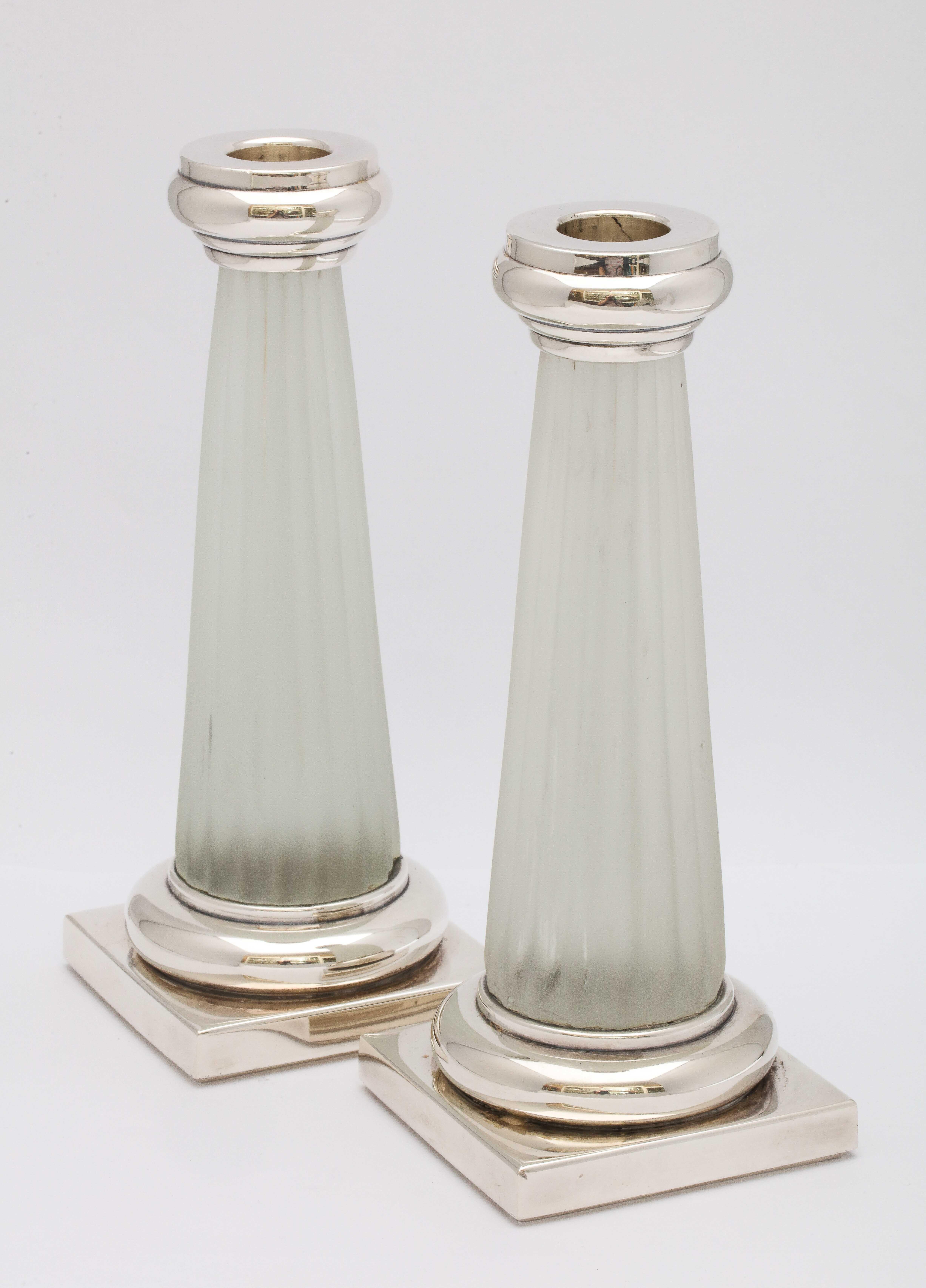 Pair of Neoclassical Style Sterling Silver, Mounted Frosted Glass C In Good Condition In New York, NY