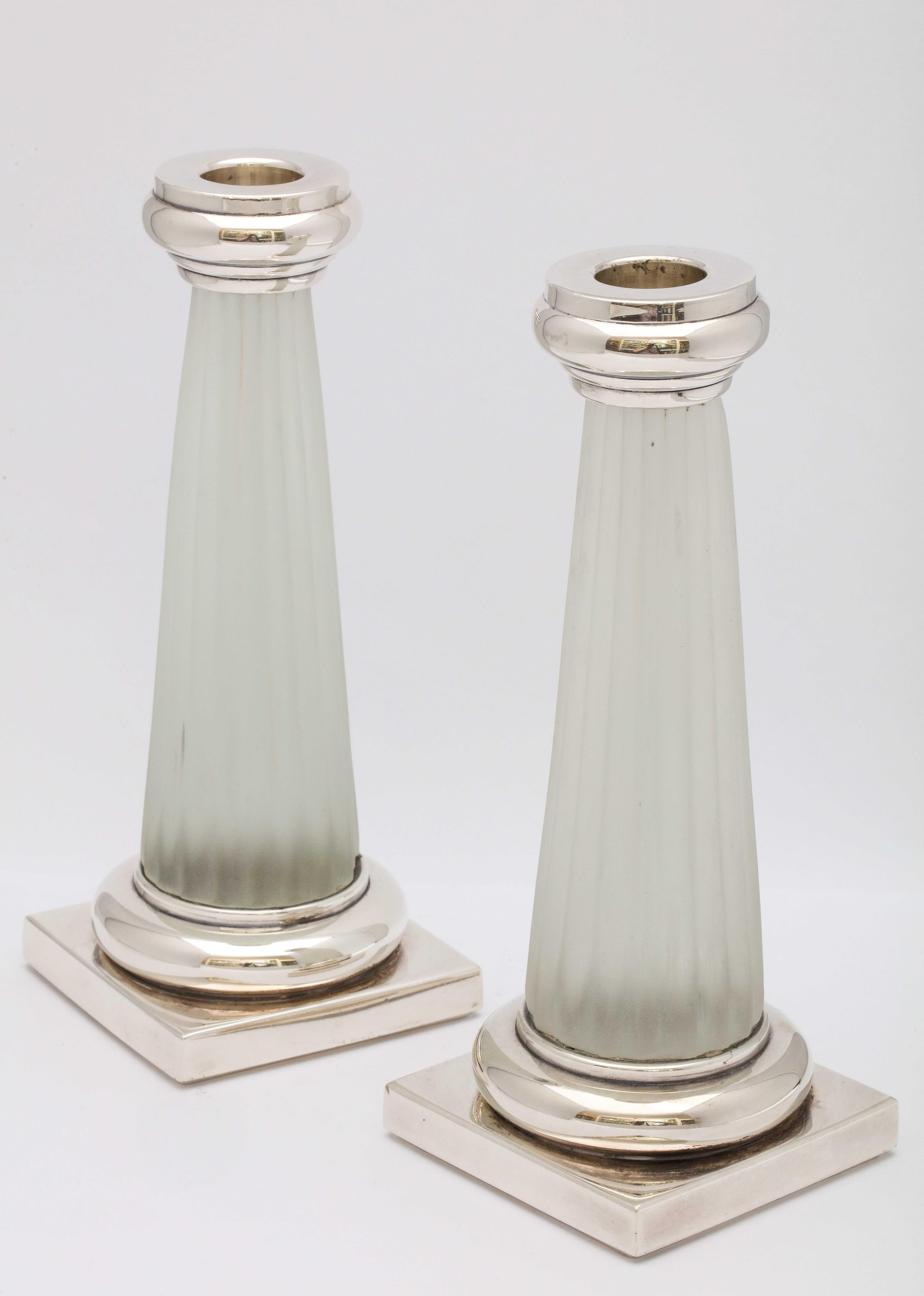 Pair of Neoclassical Style Sterling Silver, Mounted Frosted Glass C 3