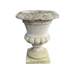 Pair of Neoclassical Style Stone Médicis Urns, Weathered Patina, H 53cm