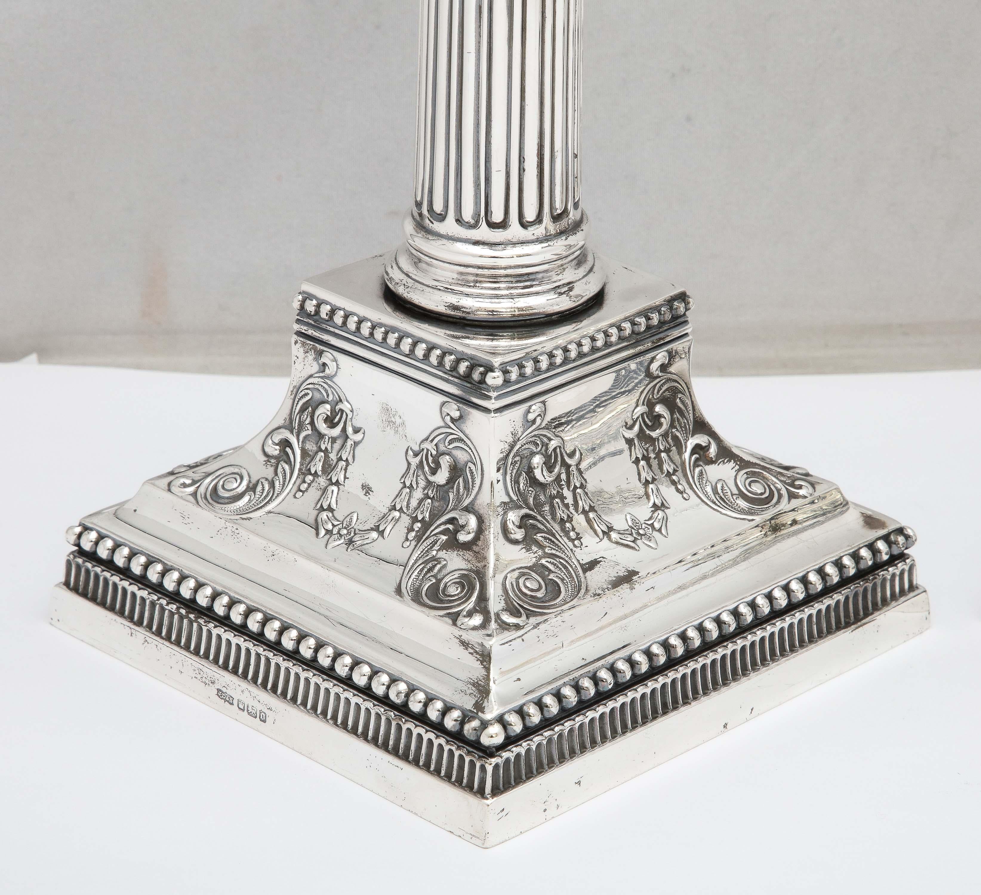 Pair of Neoclassical-Style Tall Sterling Silver Corinthian Column Candlesticks For Sale 6