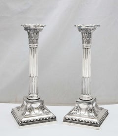 Pair of Neoclassical-Style Tall Sterling Silver Corinthian Column Candlesticks