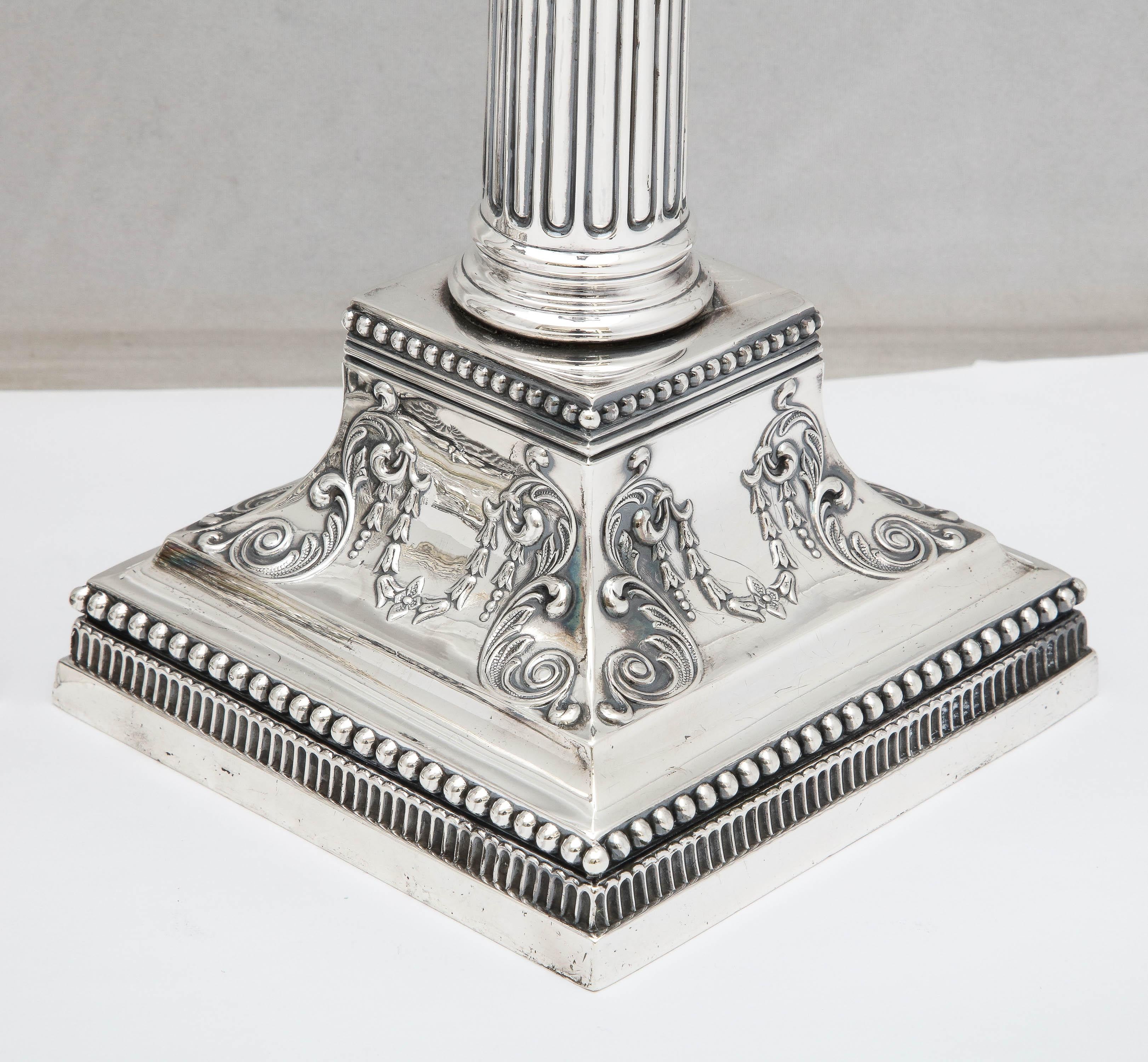 Pair of Neoclassical-Style Tall Sterling Silver Corinthian Column Candlesticks For Sale 3