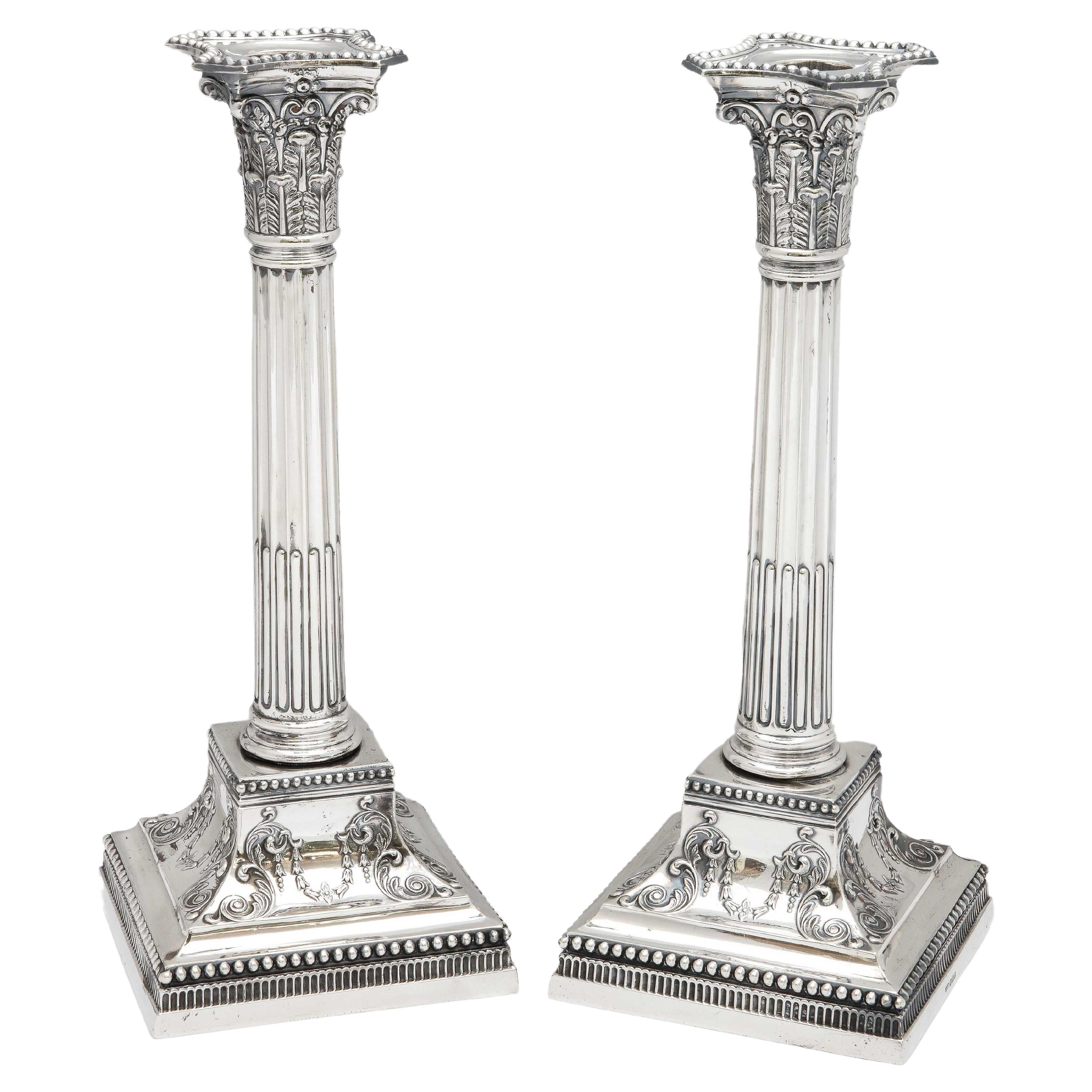 Pair of Neoclassical-Style Tall Sterling Silver Corinthian Column Candlesticks