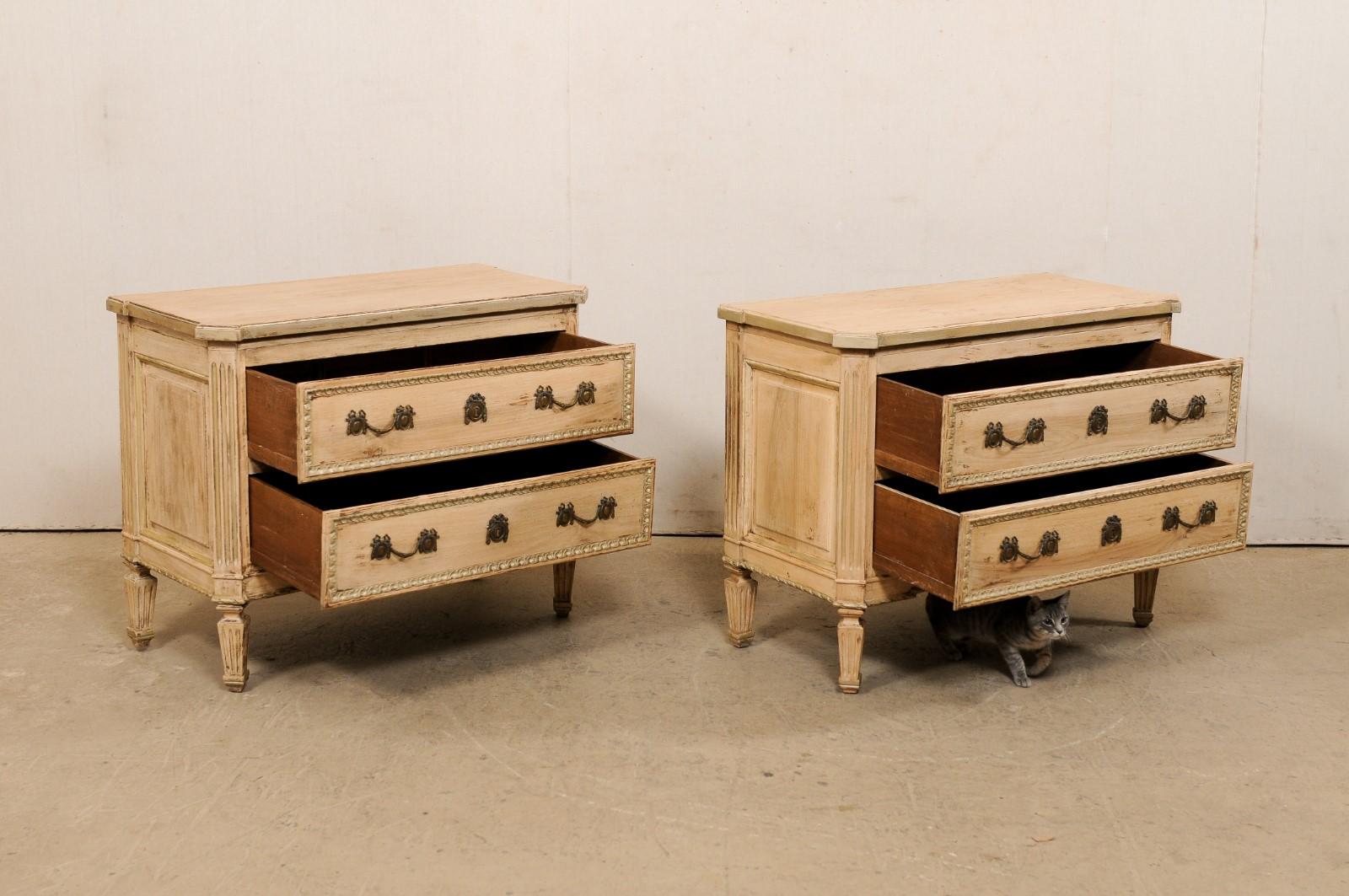 American Pair of Neoclassical-Style Two-Drawer Raised Chests, Bleached w/Champagne Trim