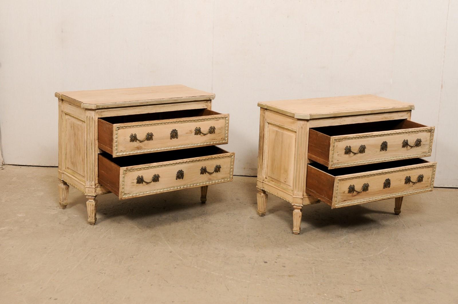 20th Century Pair of Neoclassical-Style Two-Drawer Raised Chests, Bleached w/Champagne Trim