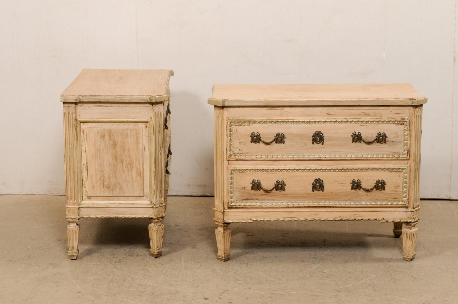 Wood Pair of Neoclassical-Style Two-Drawer Raised Chests, Bleached w/Champagne Trim